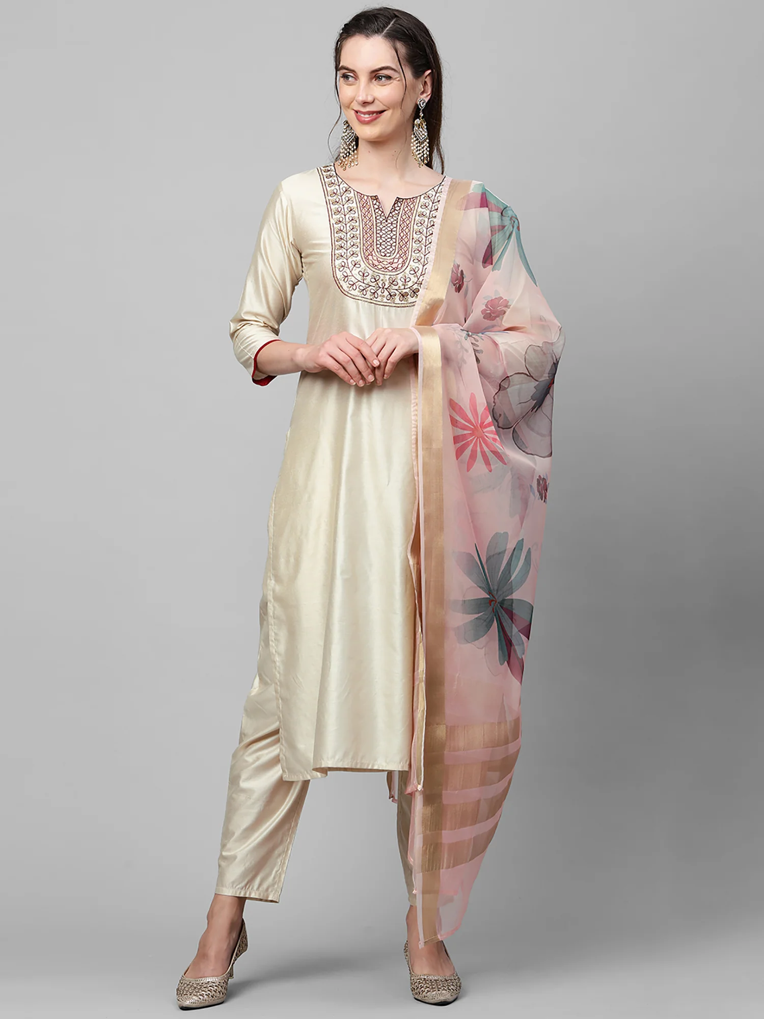 Indo Era Off White Embroidered Straight Kurta Trouser With Dupatta Set - Image 6