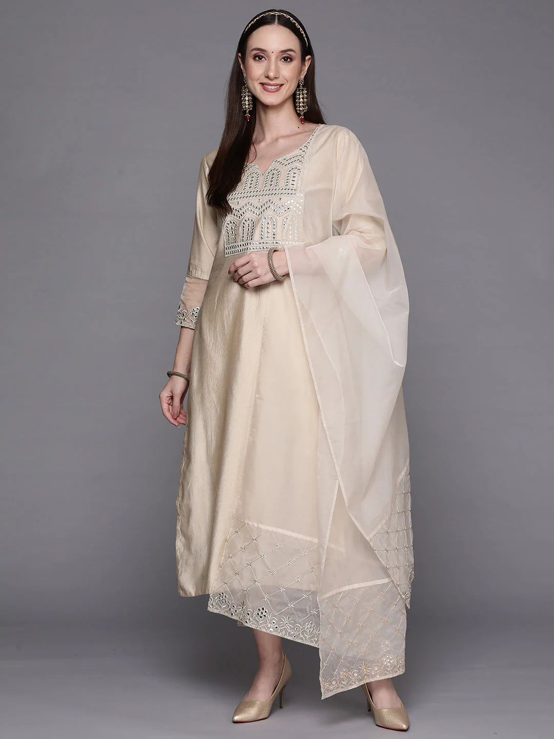 Indo Era Off White Embroidered Straight Kurta Trousers With Dupatta Set - Image 3