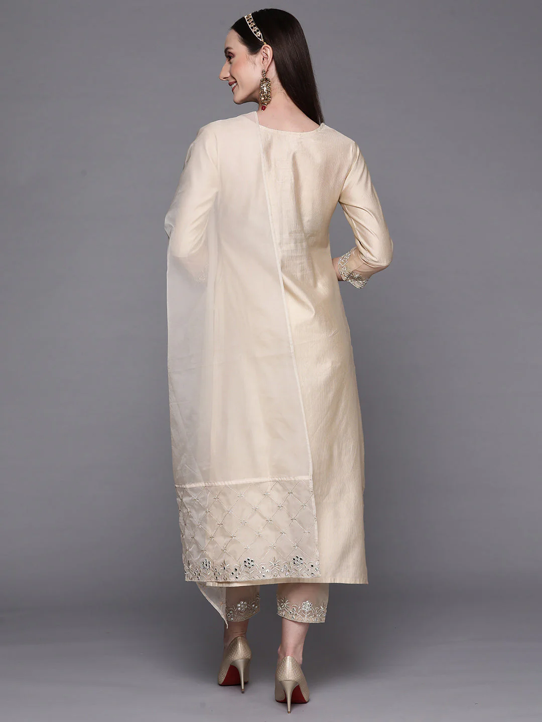 Indo Era Off White Embroidered Straight Kurta Trousers With Dupatta Set - Image 5