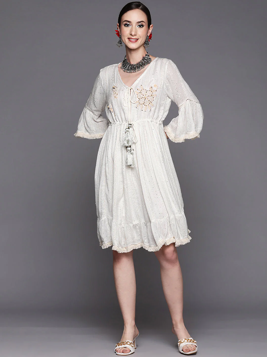 Indo Era Off White Flared Embroidered A-Line Dresses - Image 3