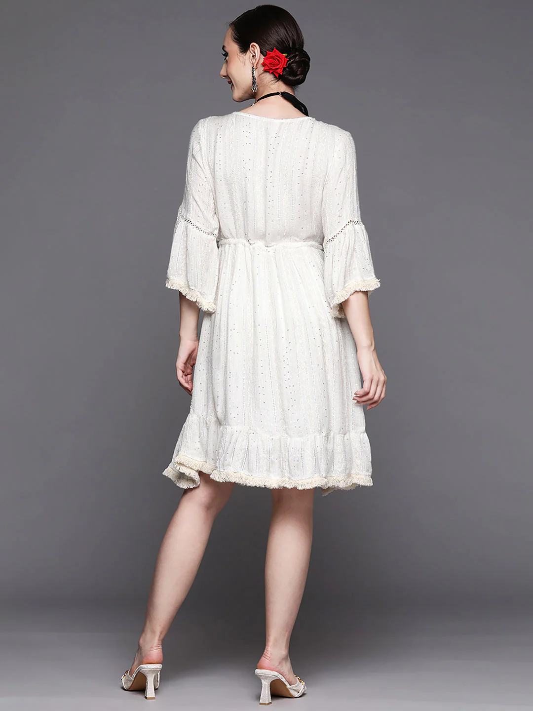 Indo Era Off White Flared Embroidered A-Line Dresses - Image 4