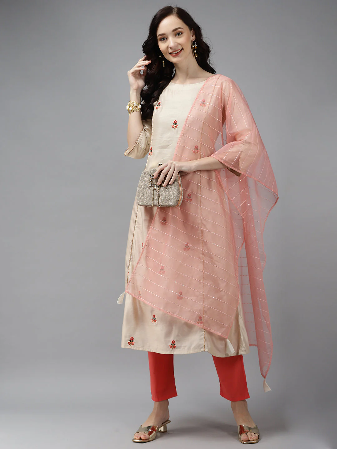 Indo Era Off White Floral Embroidered Straight Kurta Trouser With Dupatta Set - Image 3