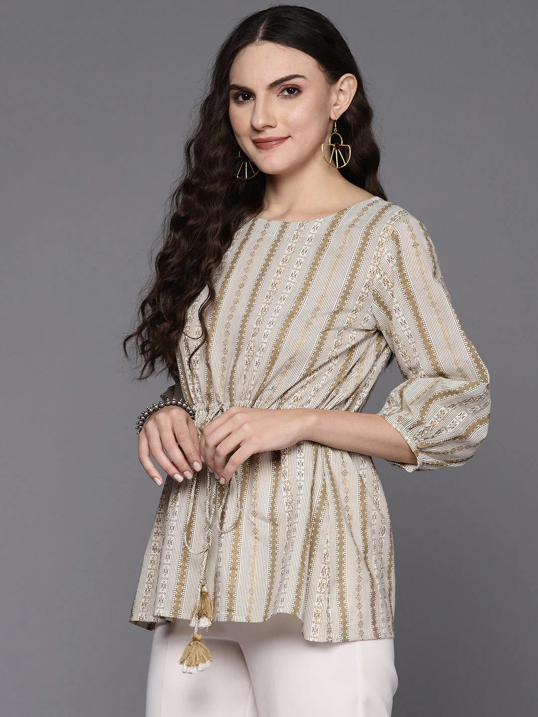 Indo Era Off White Geometric Print Puff Sleeve Longline Top - Image 3