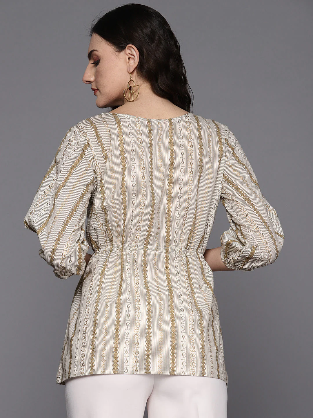 Indo Era Off White Geometric Print Puff Sleeve Longline Top - Image 4