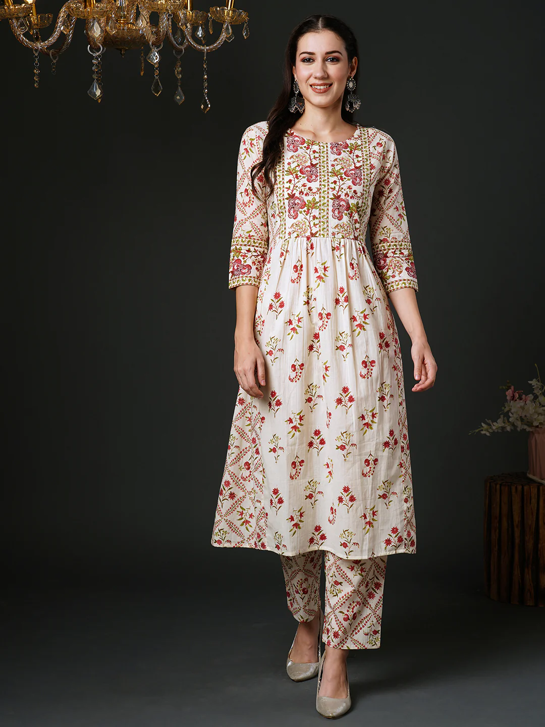 Indo Era Off White Printed A-Line Kurta Trousers With Dupatta Set - Image 3