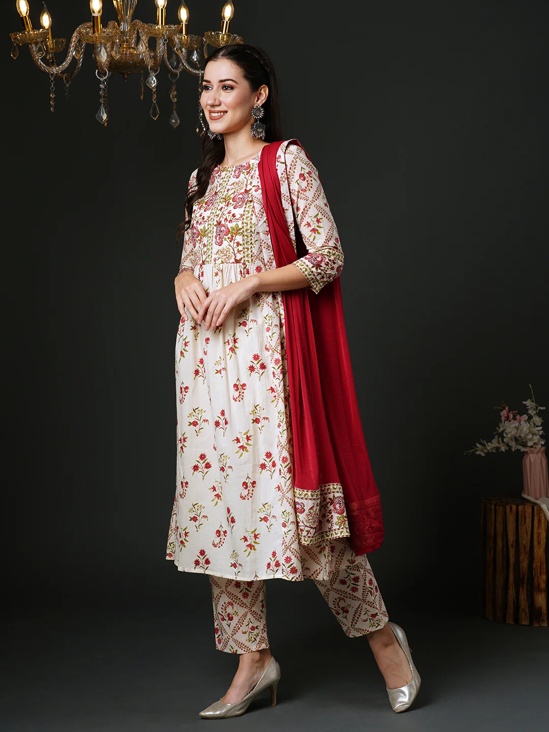 Indo Era Off White Printed A-Line Kurta Trousers With Dupatta Set - Image 4
