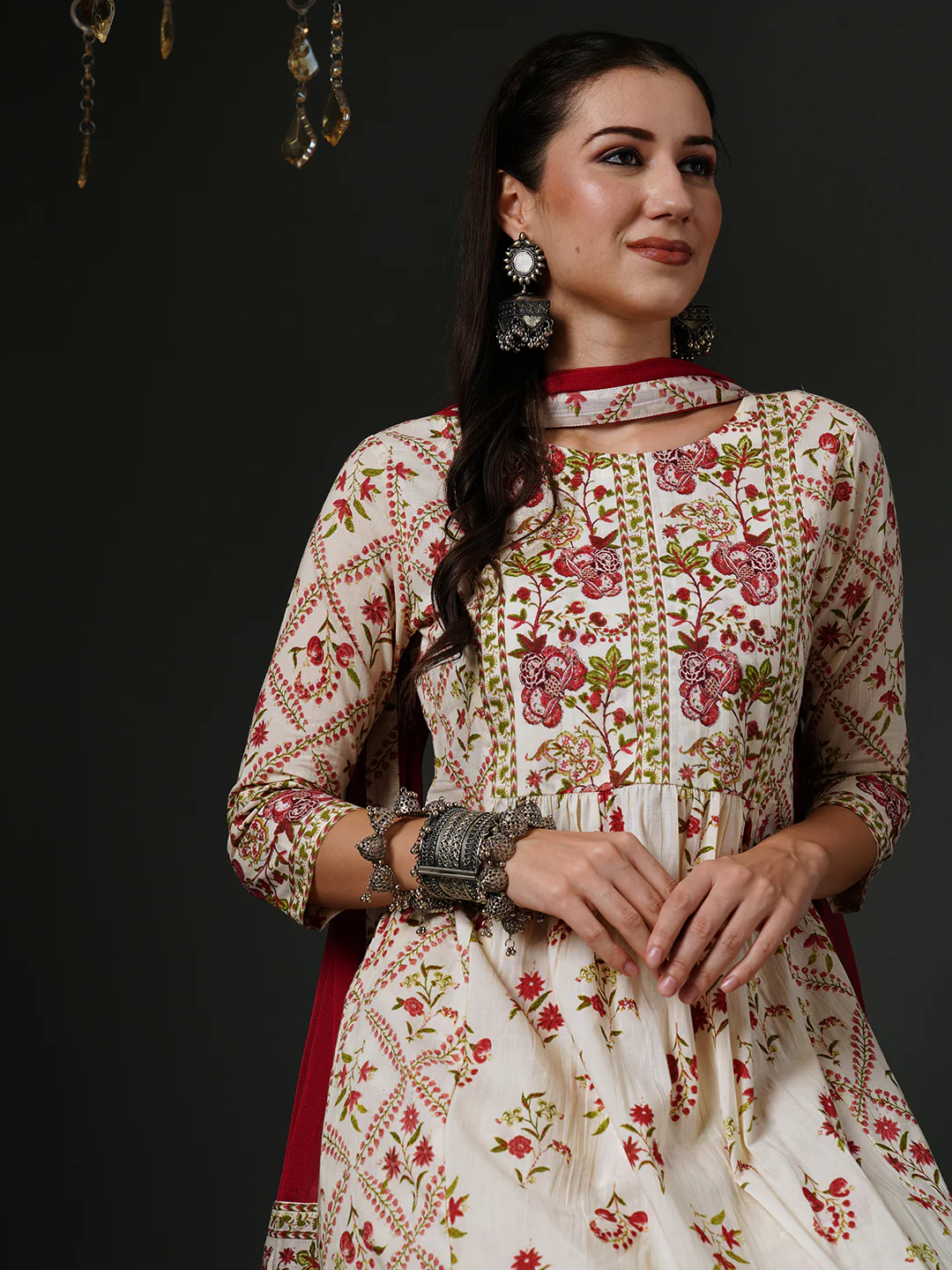Indo Era Off White Printed A-Line Kurta Trousers With Dupatta Set - Image 5
