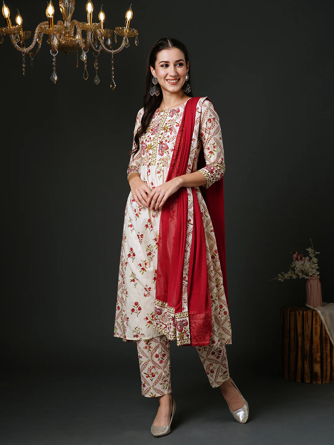 Indo Era Off White Printed A-Line Kurta Trousers With Dupatta Set - Image 6