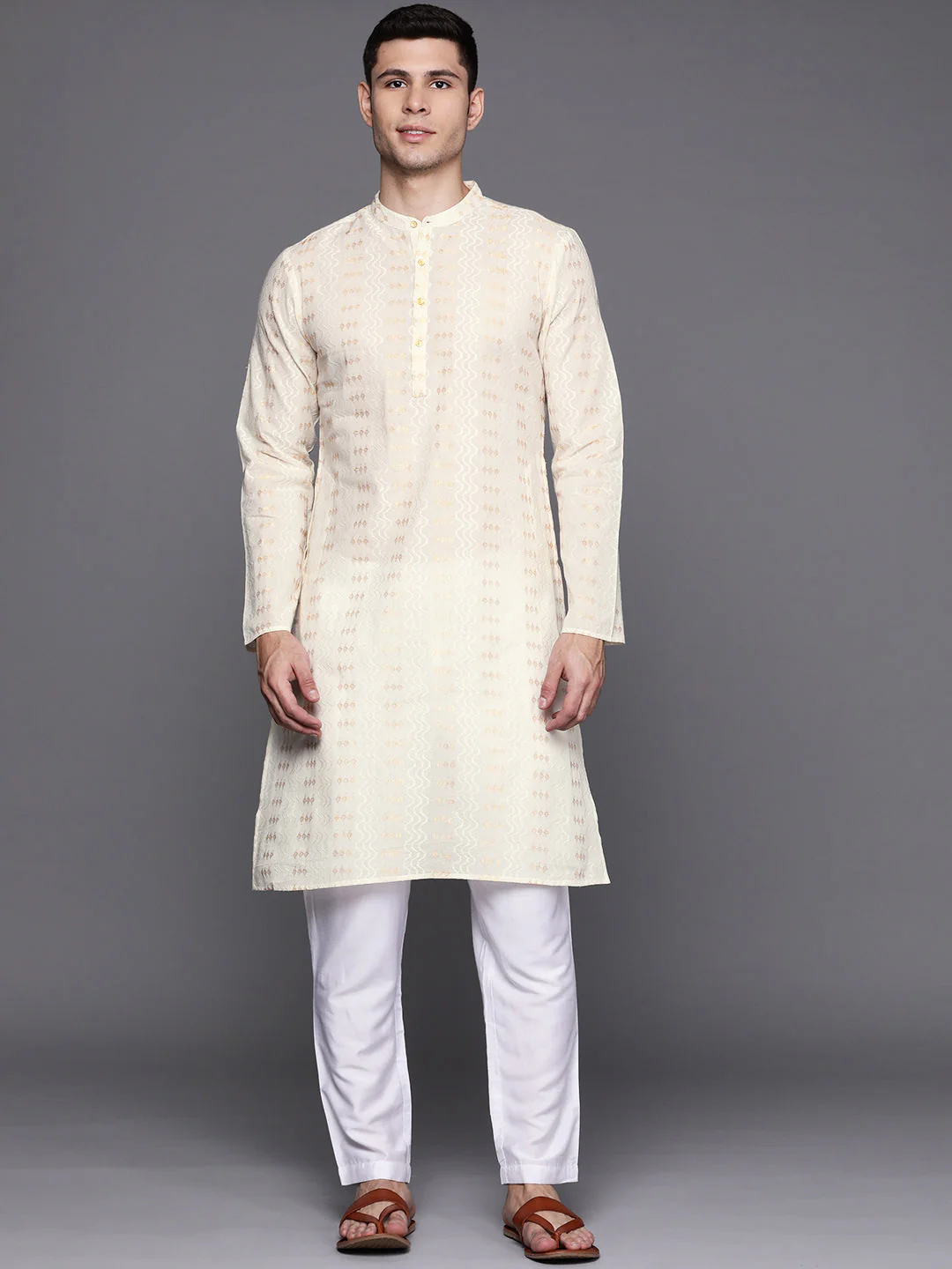 Indo Era Off White Woven Design Cotton Straight Kurtas - Image 3