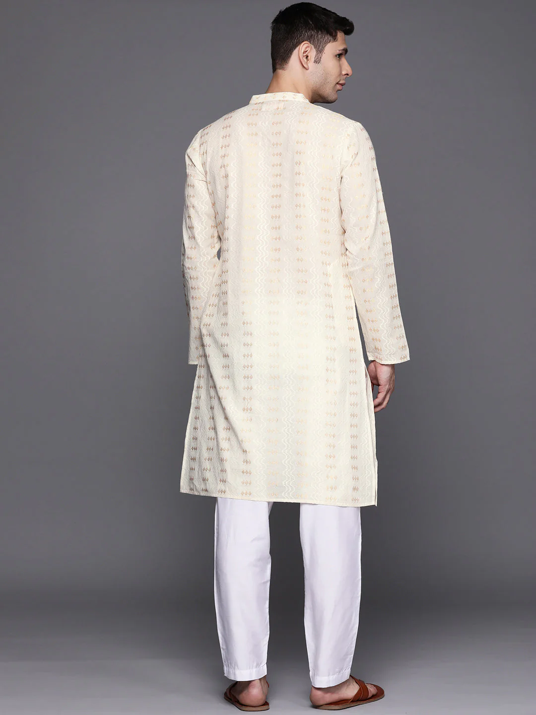 Indo Era Off White Woven Design Cotton Straight Kurtas - Image 4