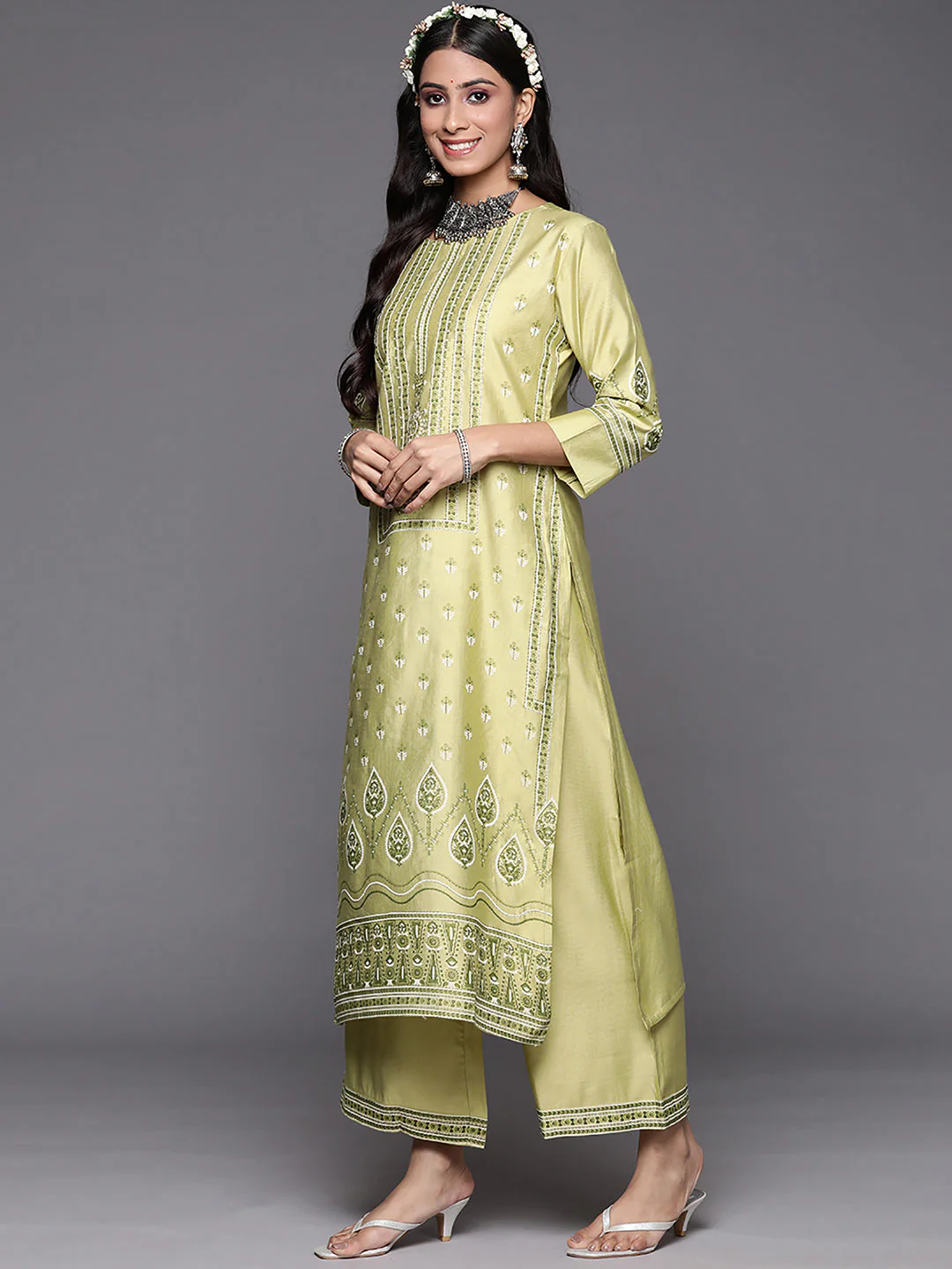 Indo Era Olive Printed Straight Kurta Palazzos With Dupatta Set - Image 3