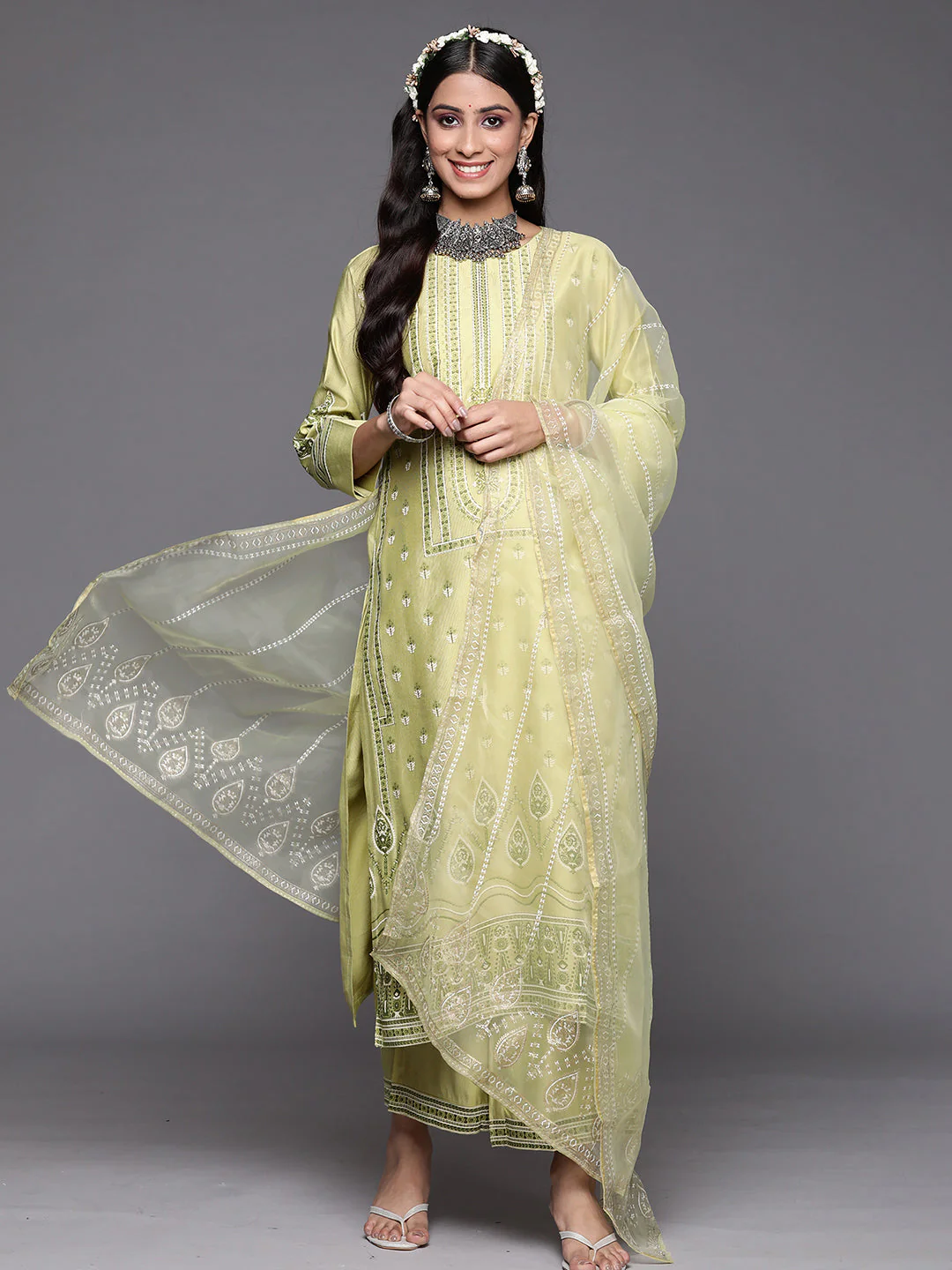 Indo Era Olive Printed Straight Kurta Palazzos With Dupatta Set - Image 4