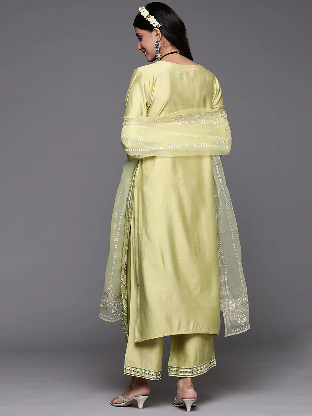 Indo Era Olive Printed Straight Kurta Palazzos With Dupatta Set - Image 5