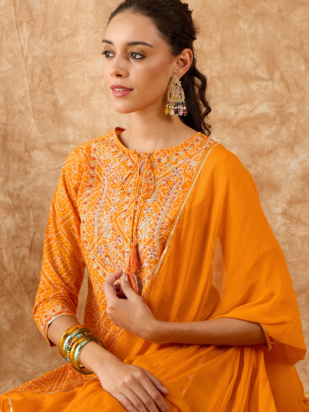 Indo Era Orange Printed Straight Kurta Palazzo With Dupatta Set - Image 3