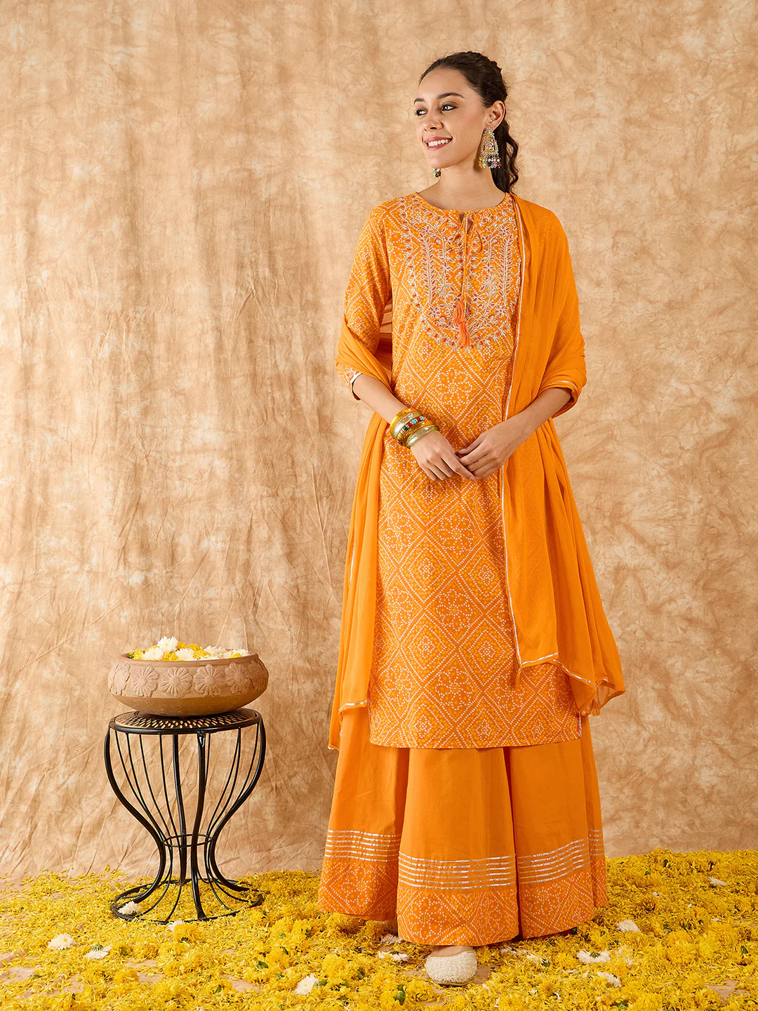 Indo Era Orange Printed Straight Kurta Palazzo With Dupatta Set - Image 4