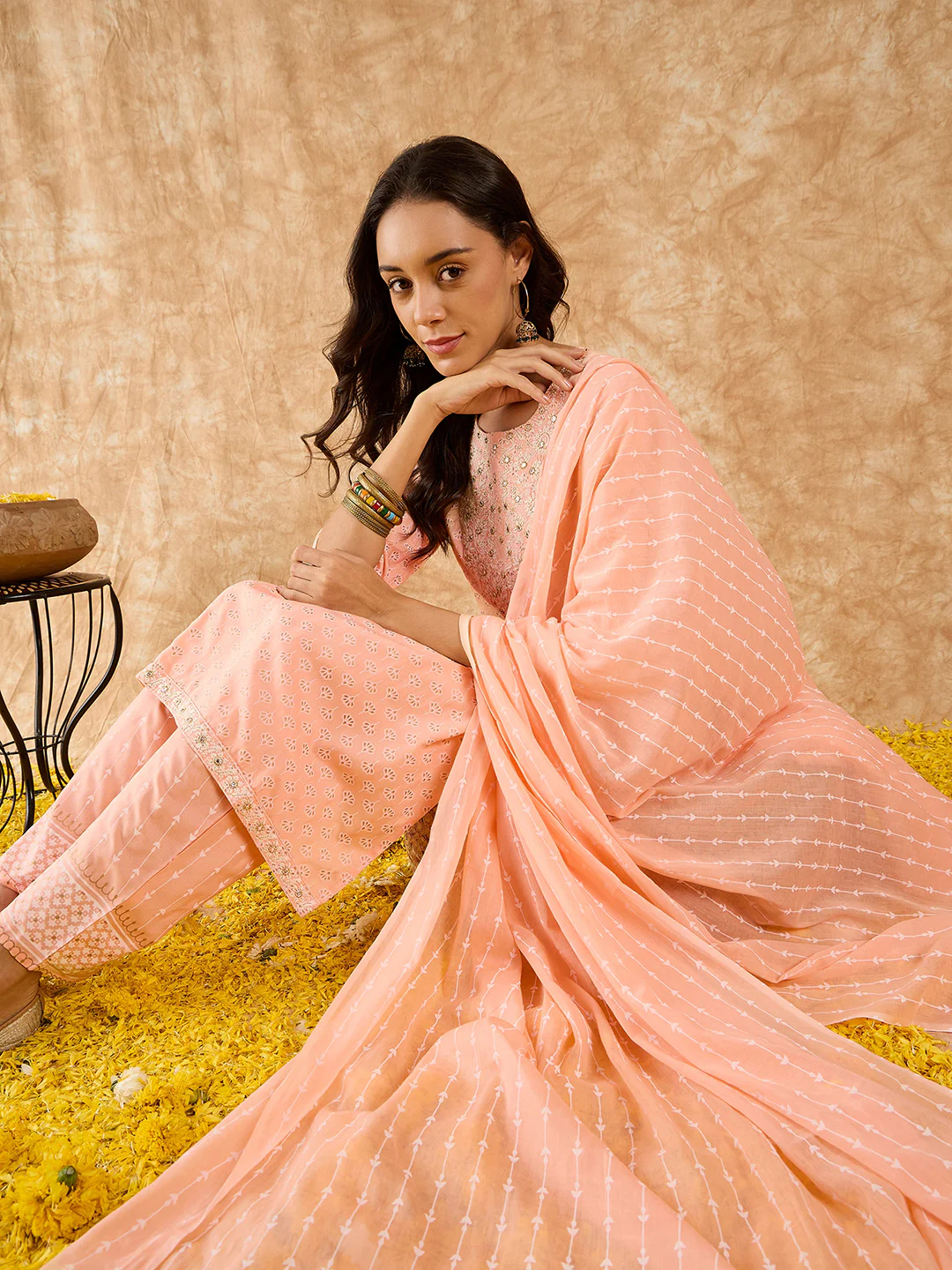 Indo Era Peach Embroidered Straight Kurta Trousers With Dupatta Set - Image 3