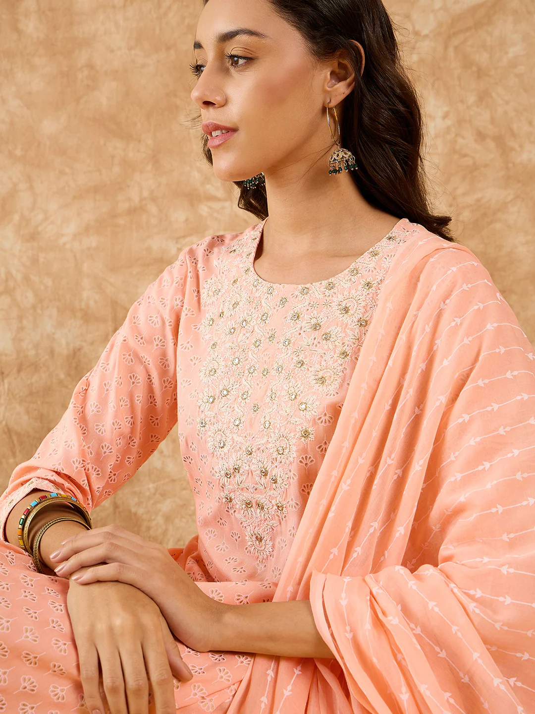 Indo Era Peach Embroidered Straight Kurta Trousers With Dupatta Set - Image 4