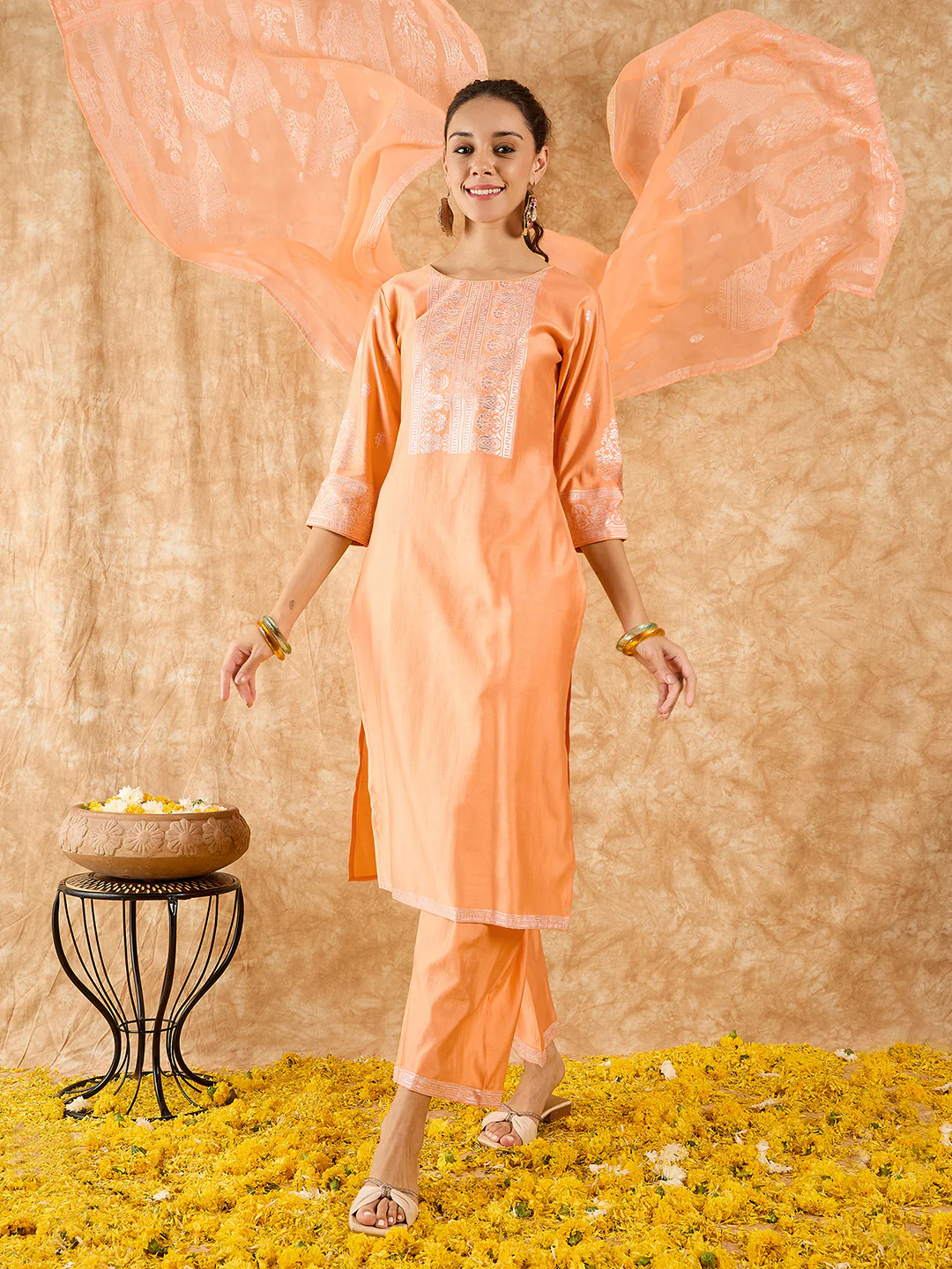 Indo Era Peach Printed Straight Kurta Trousers With Dupatta Set - Image 3