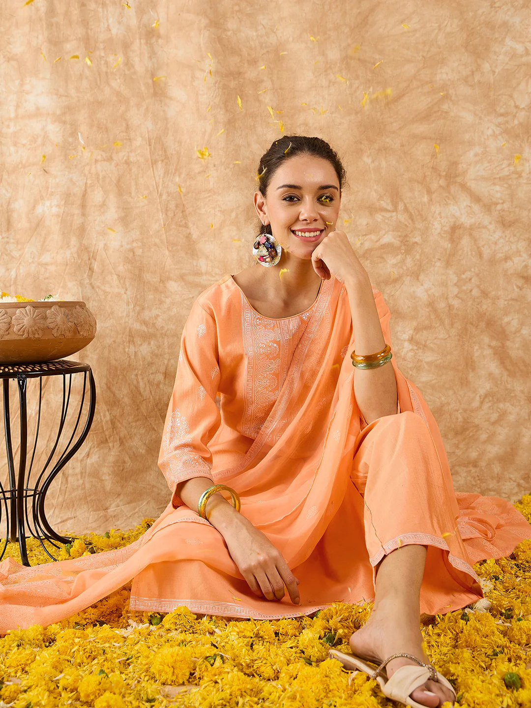 Indo Era Peach Printed Straight Kurta Trousers With Dupatta Set - Image 4
