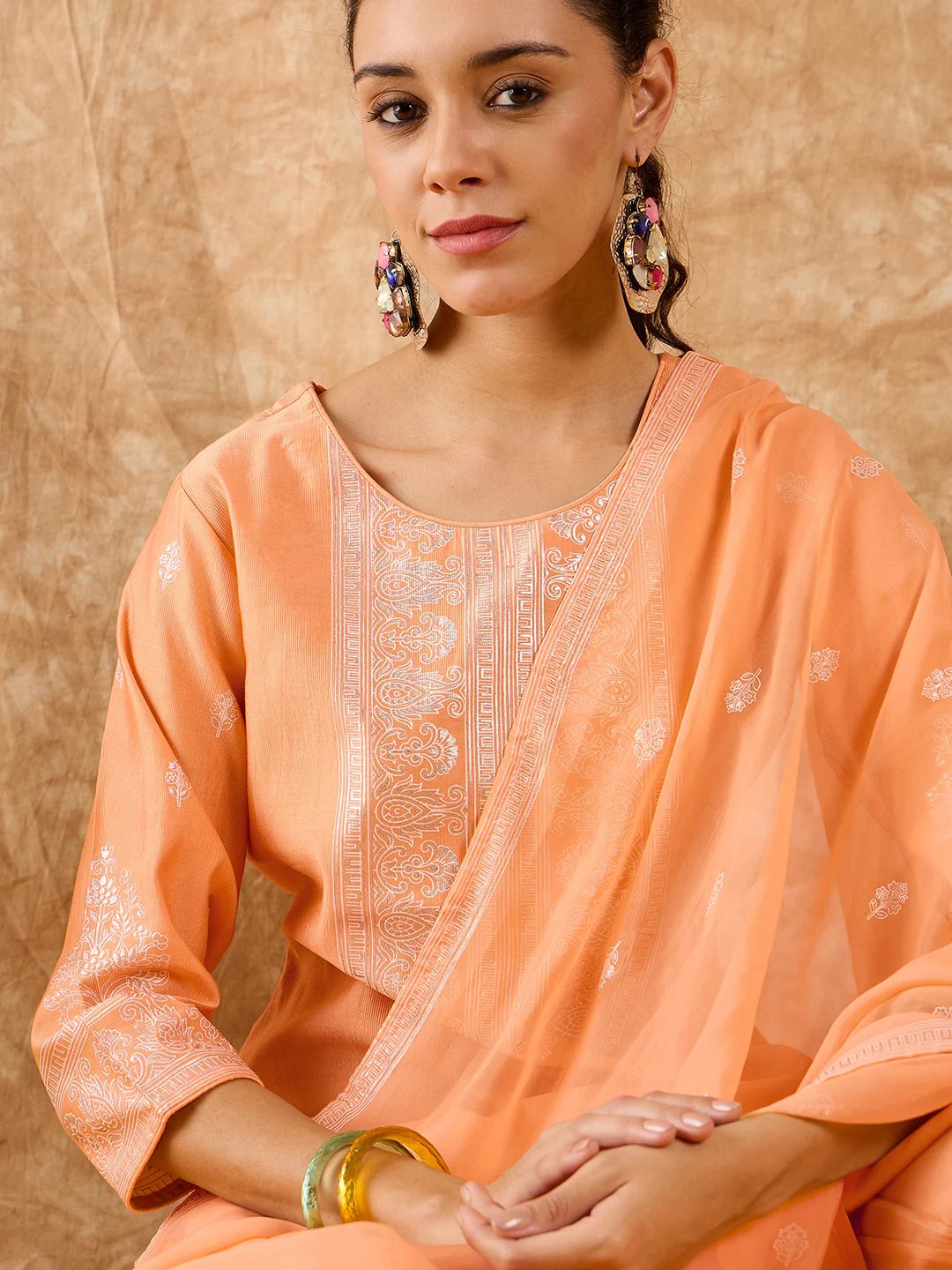 Indo Era Peach Printed Straight Kurta Trousers With Dupatta Set - Image 5