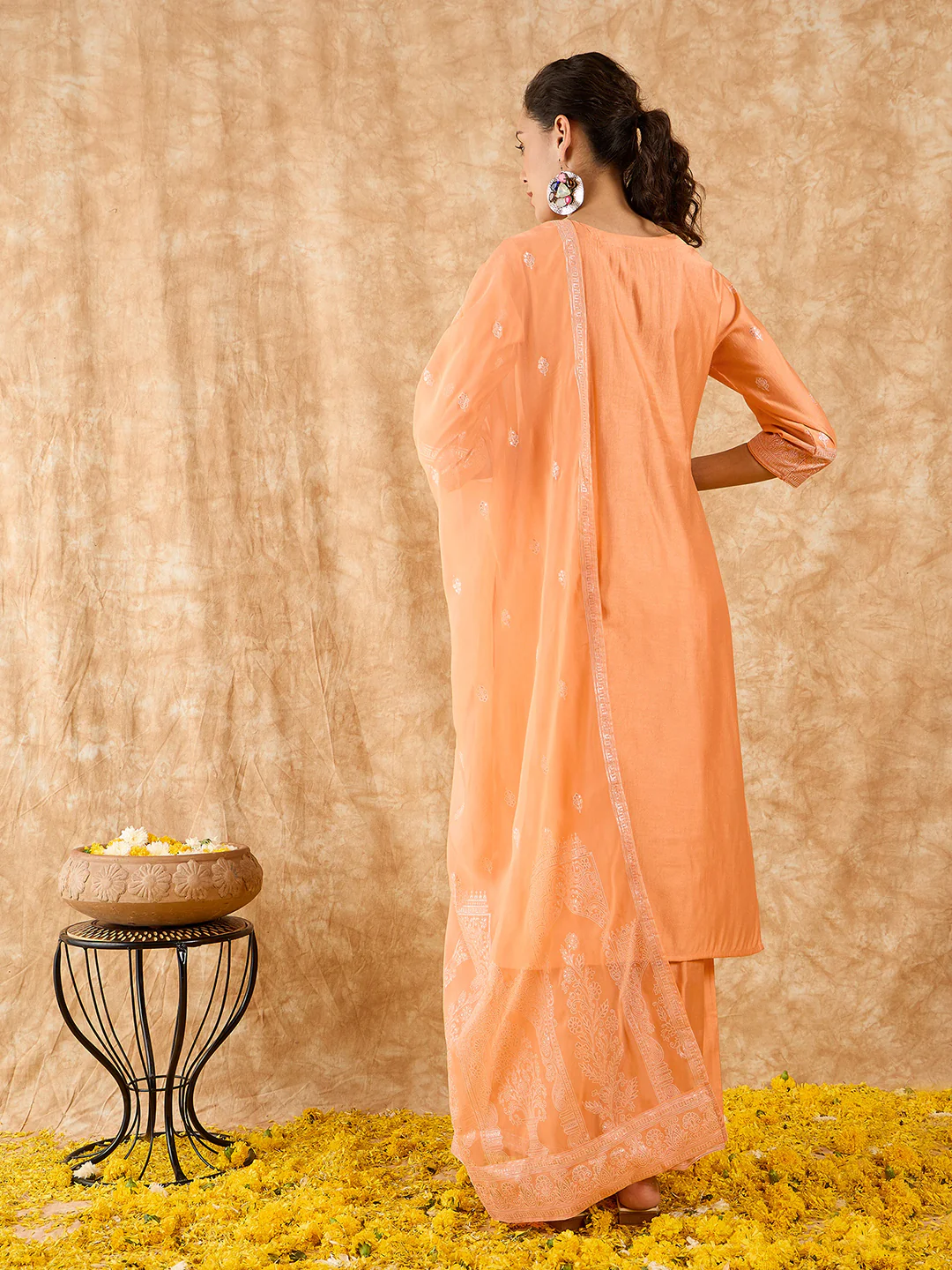 Indo Era Peach Printed Straight Kurta Trousers With Dupatta Set - Image 6