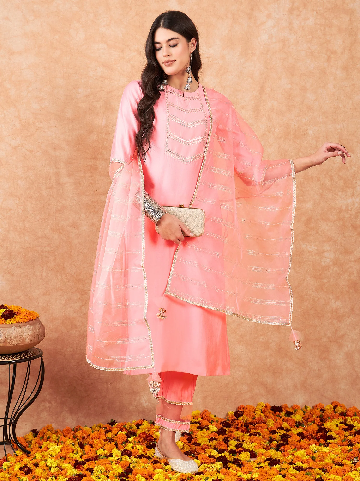 Indo Era Pink Embroidered A-Line Kurta With Trouser Set - Image 3