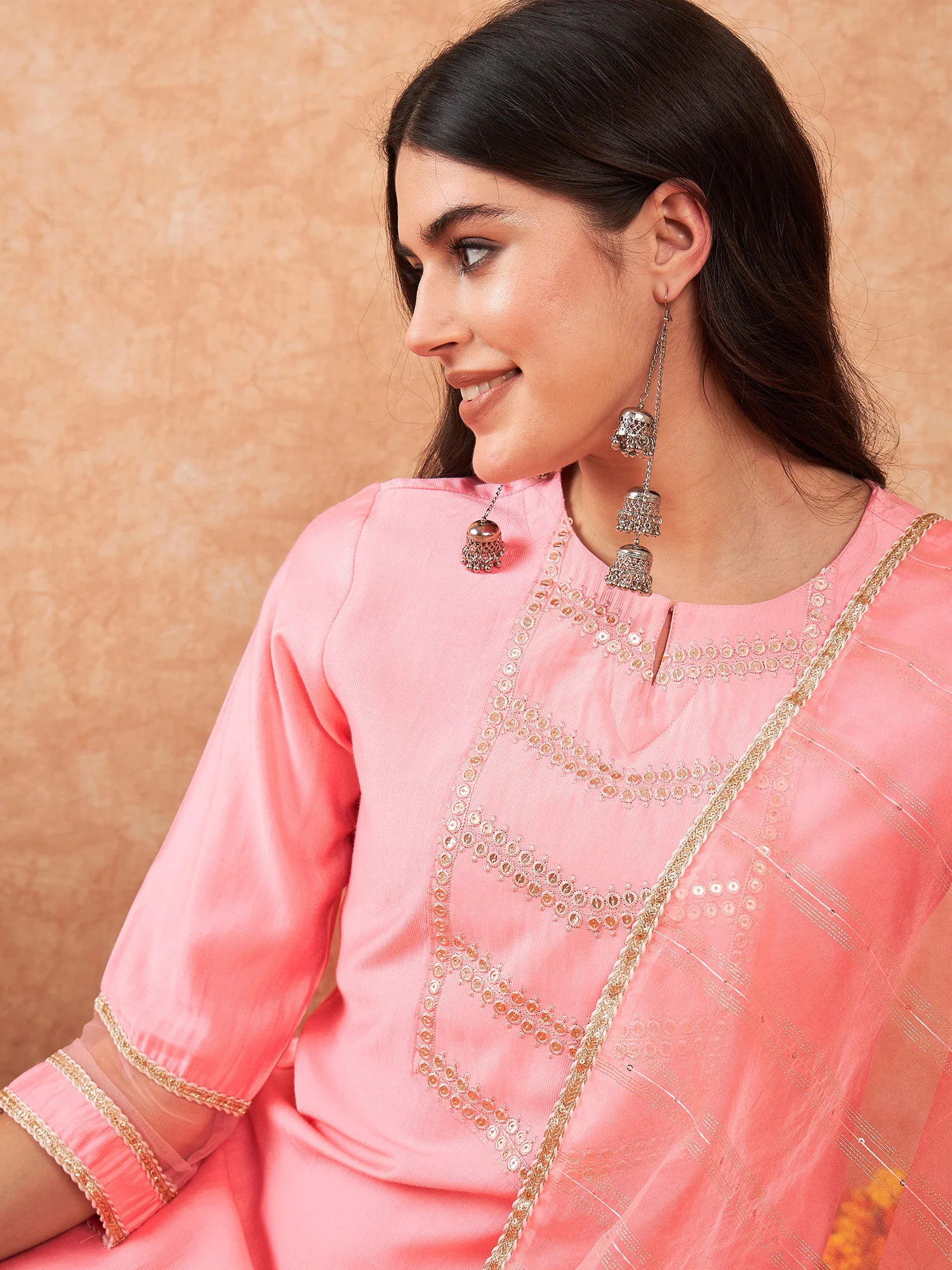 Indo Era Pink Embroidered A-Line Kurta With Trouser Set - Image 4