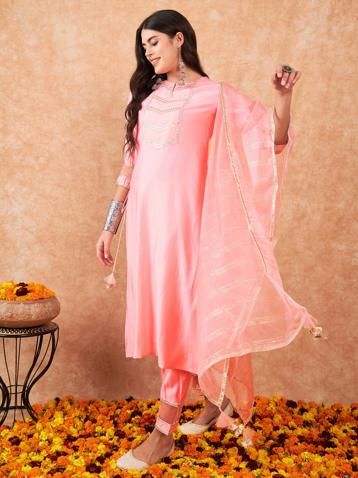 Indo Era Pink Embroidered A-Line Kurta With Trouser Set - Image 5