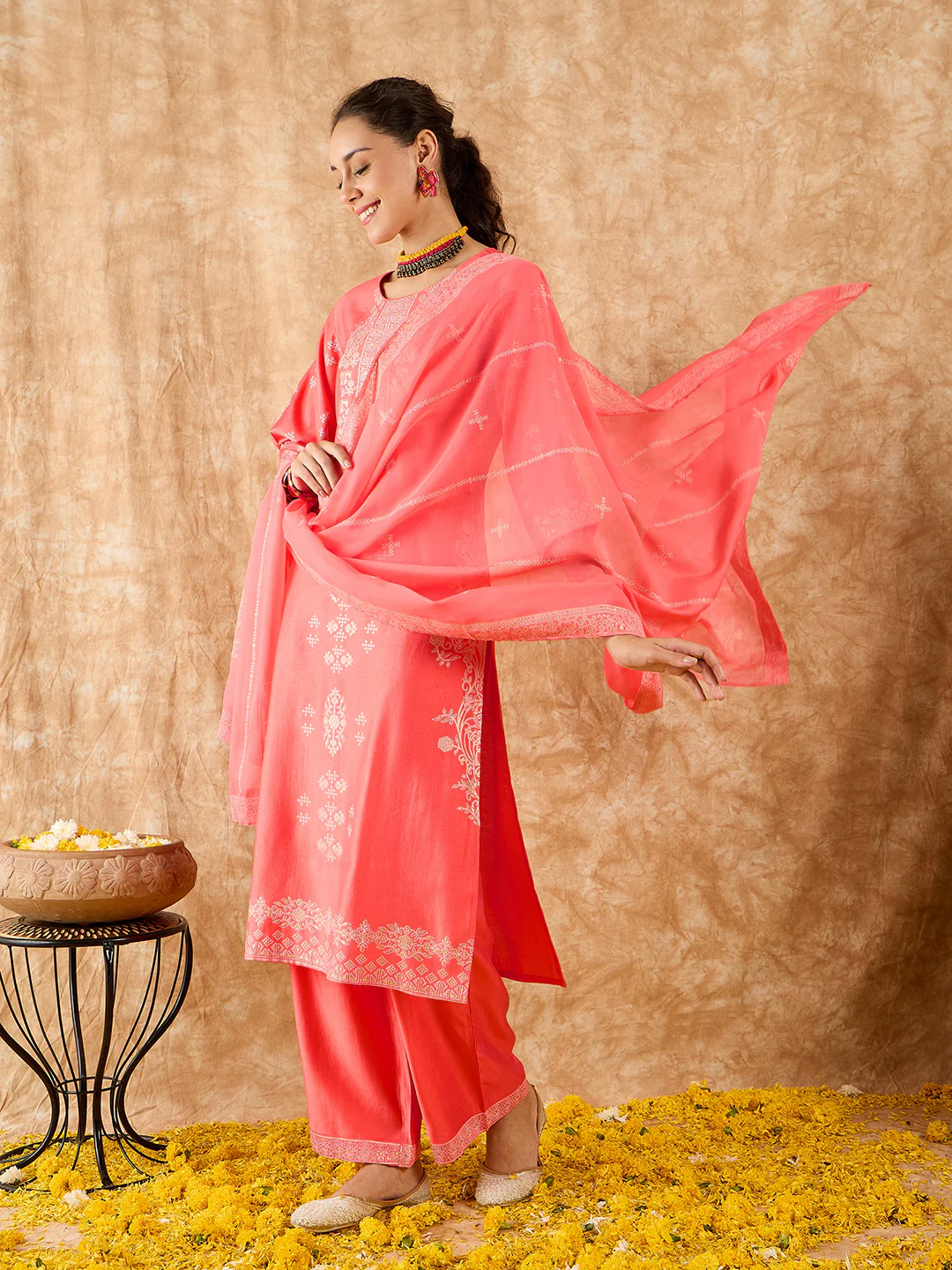 Indo Era Pink Printed Straight Kurta Palazzos With Dupatta Set - Image 3