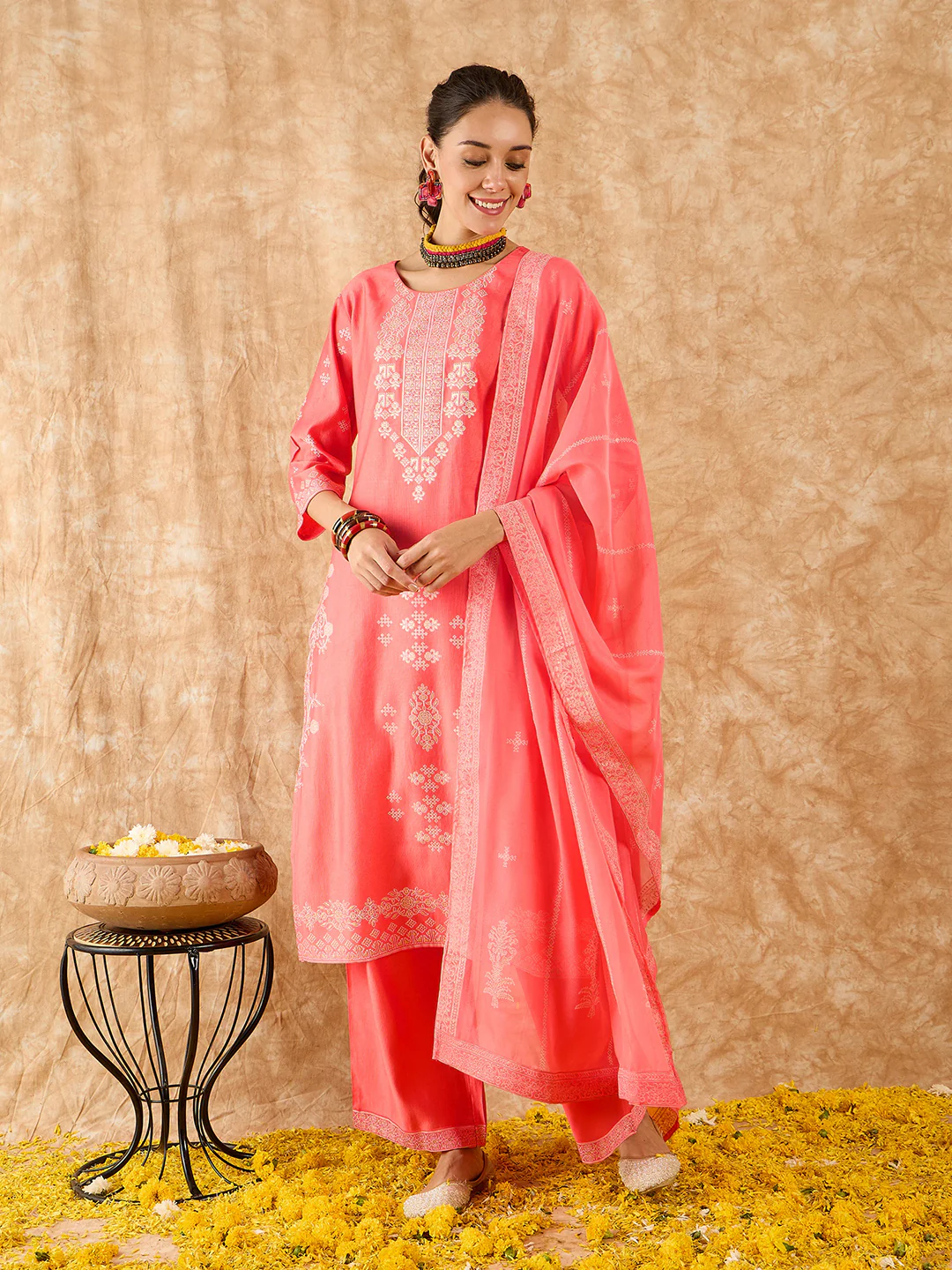 Indo Era Pink Printed Straight Kurta Palazzos With Dupatta Set - Image 4