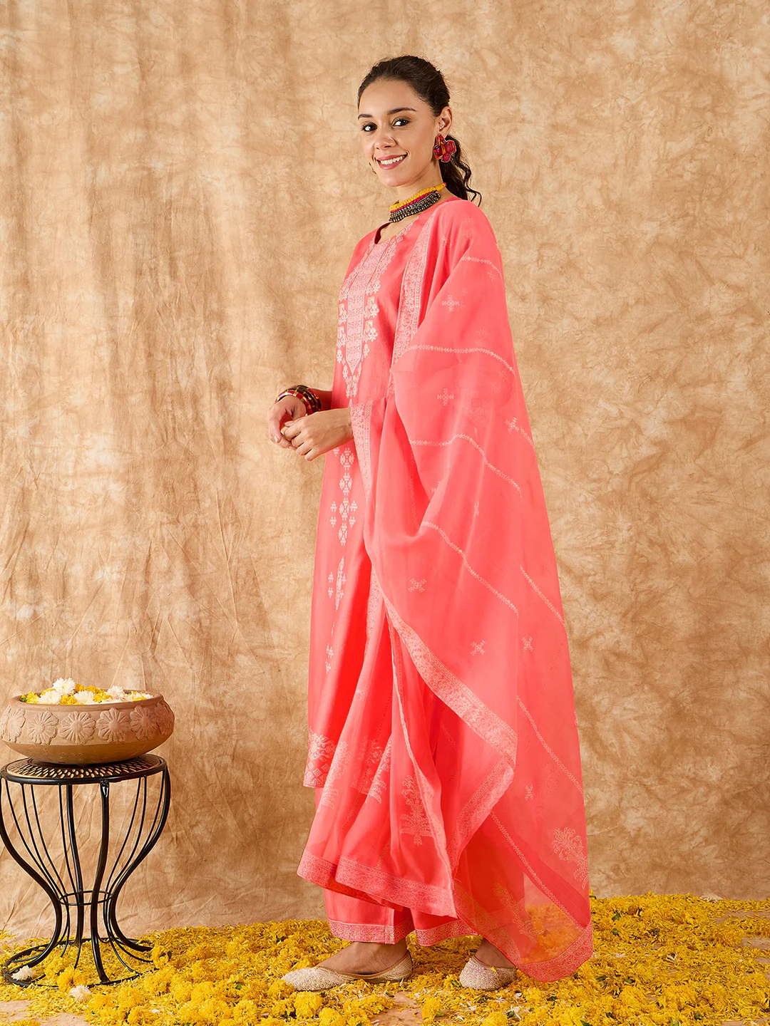 Indo Era Pink Printed Straight Kurta Palazzos With Dupatta Set - Image 5