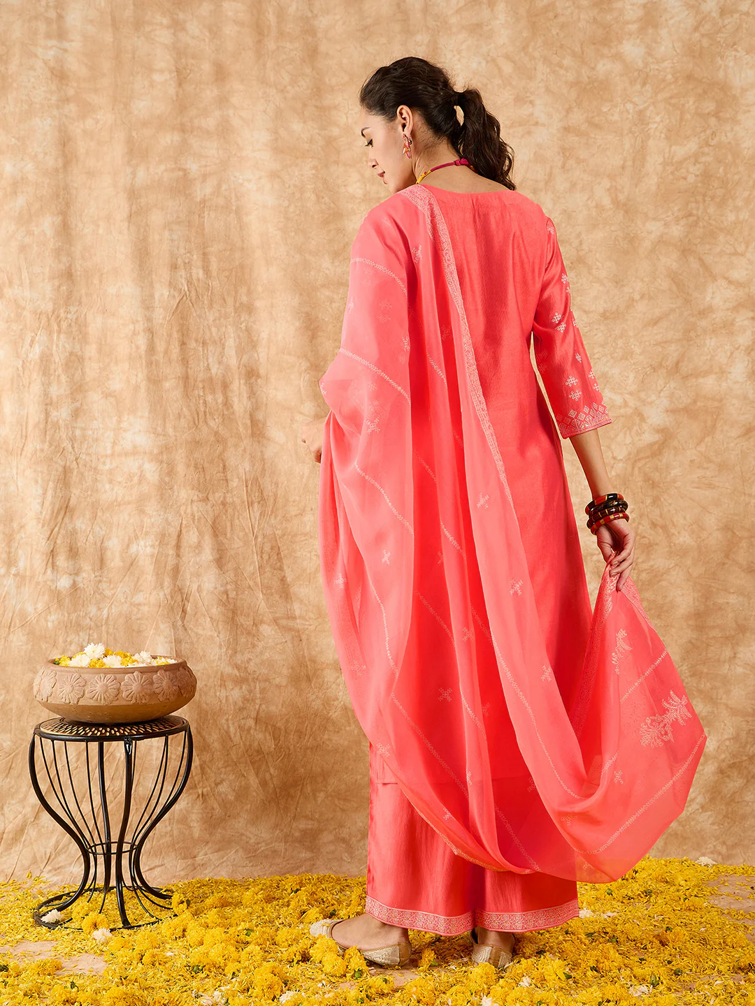 Indo Era Pink Printed Straight Kurta Palazzos With Dupatta Set - Image 6