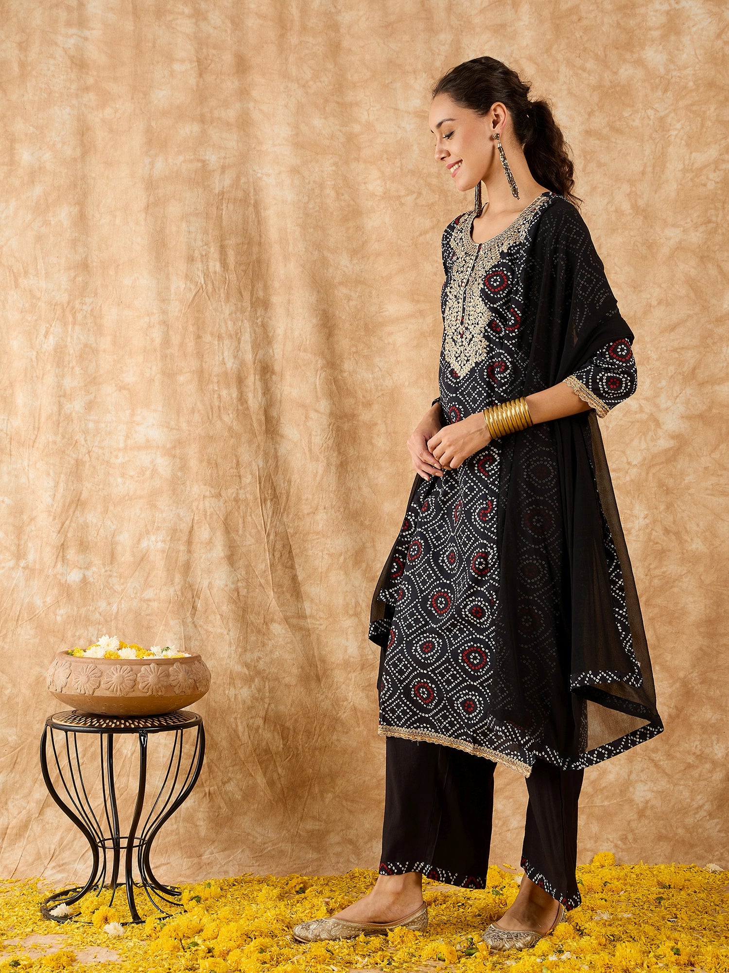 Indo Era Black Printed Straight Kurta Palazzos With Dupatta Set - Image 5