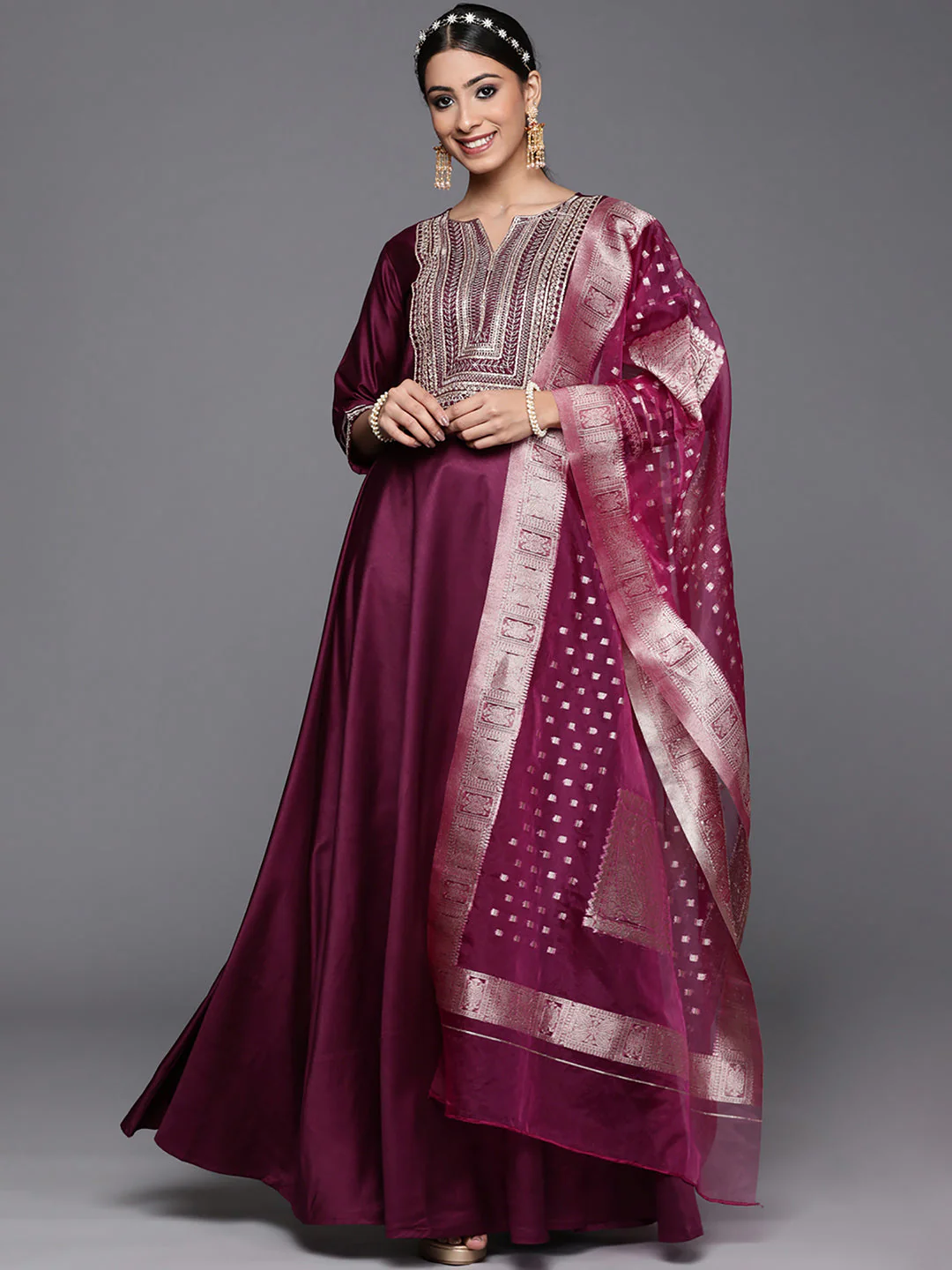 Indo Era Purple Embroidered A-line Kurta Trouser With Dupatta Set - Image 3