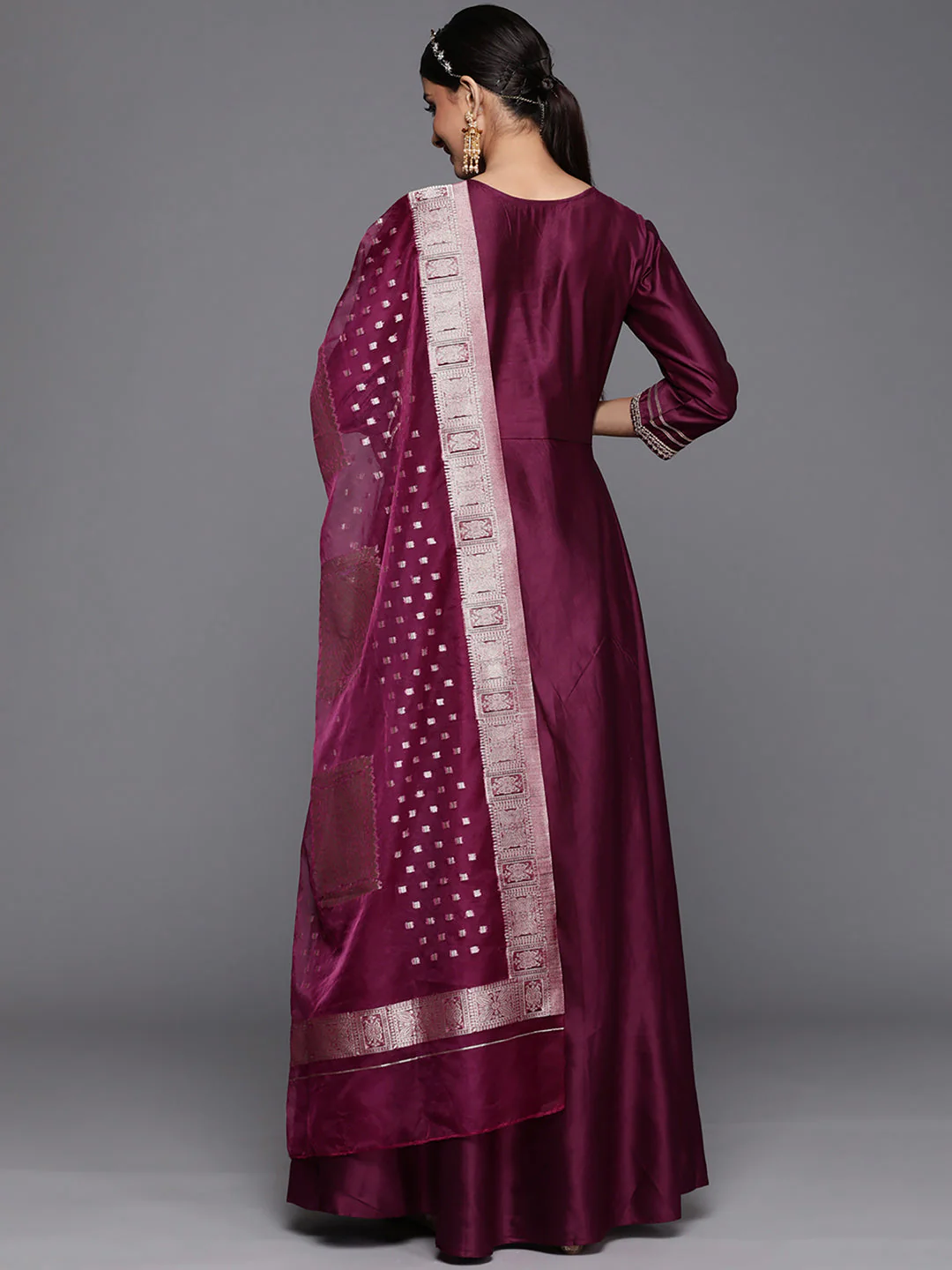 Indo Era Purple Embroidered A-line Kurta Trouser With Dupatta Set - Image 5