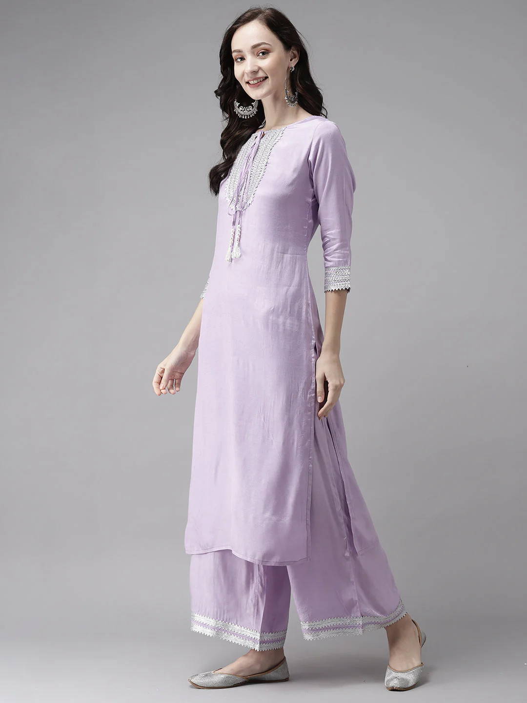 Indo Era Purple Embroidered Straight Kurta Palazzo With Dupatta Set - Image 3