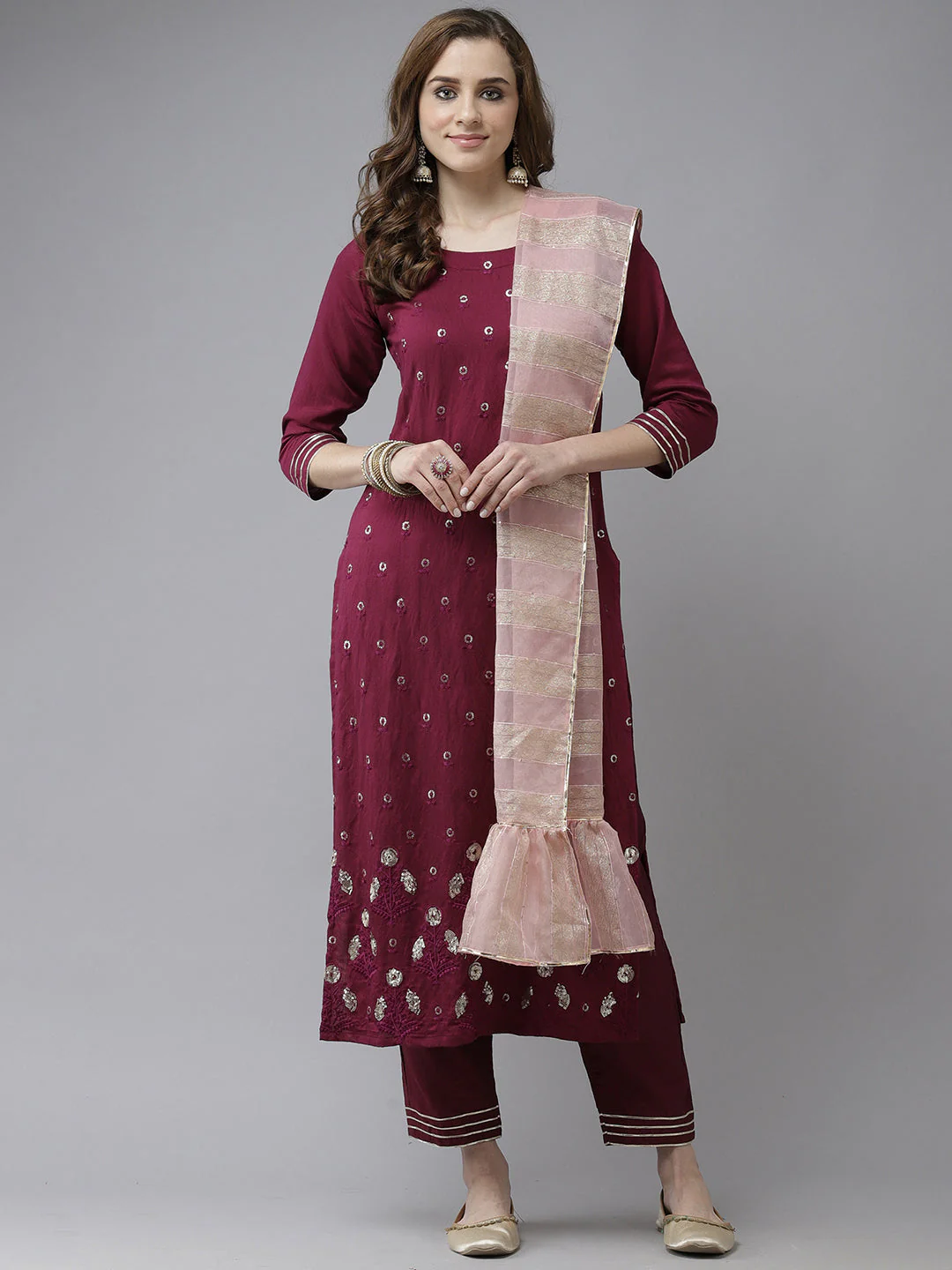 Indo Era Purple Foil Floral Printed Straight Kurta Pant with Dupatta Set - Image 3