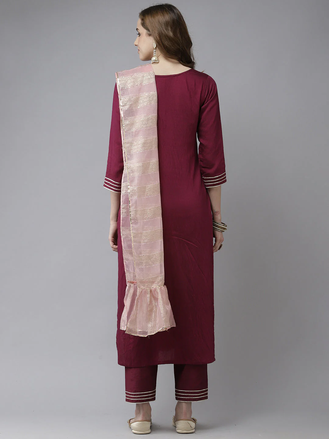 Indo Era Purple Foil Floral Printed Straight Kurta Pant with Dupatta Set - Image 4
