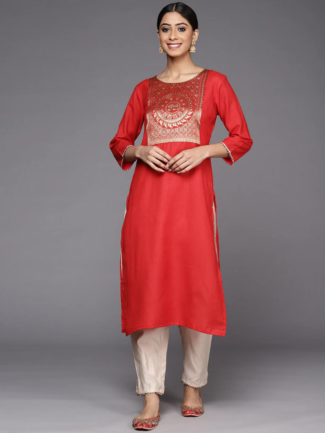 Indo Era Red Solid Straight Kurta - Image 3