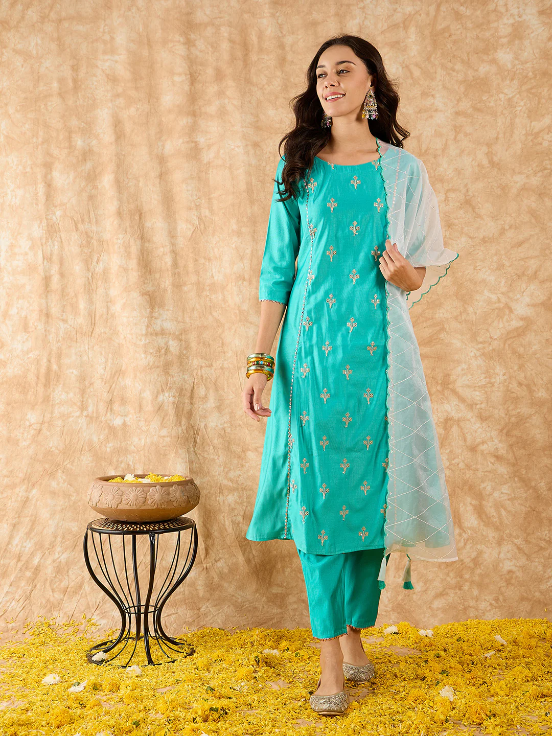 Indo Era Sea Green Embroidered A-line Kurta Trouser With Dupatta Set - Image 3