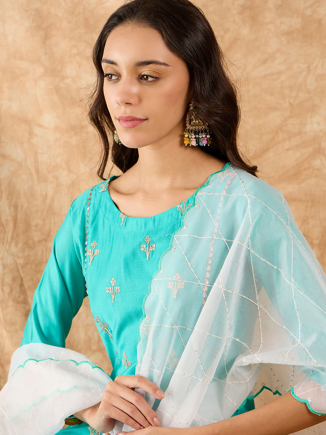 Indo Era Sea Green Embroidered A-line Kurta Trouser With Dupatta Set - Image 4