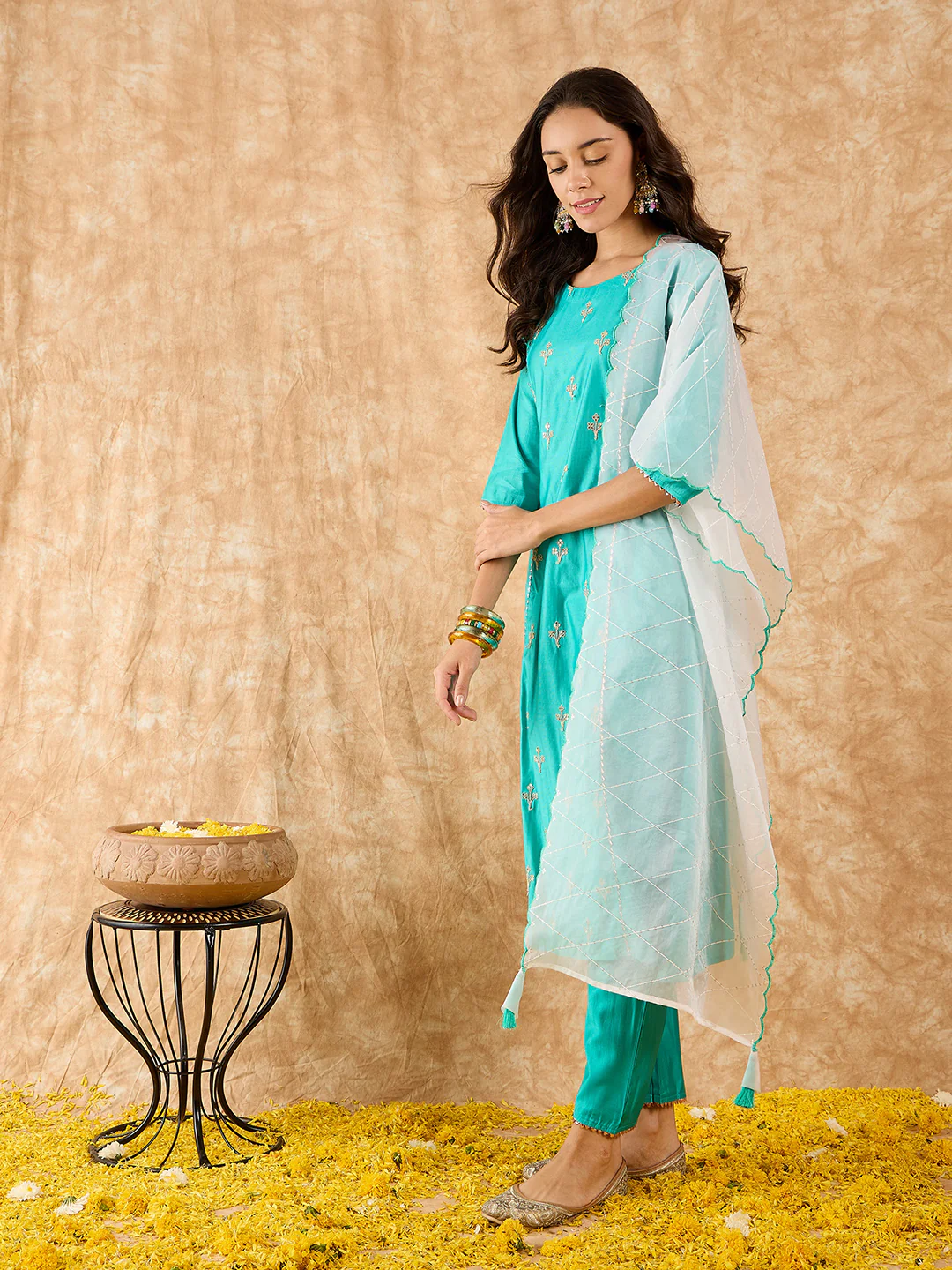 Indo Era Sea Green Embroidered A-line Kurta Trouser With Dupatta Set - Image 5