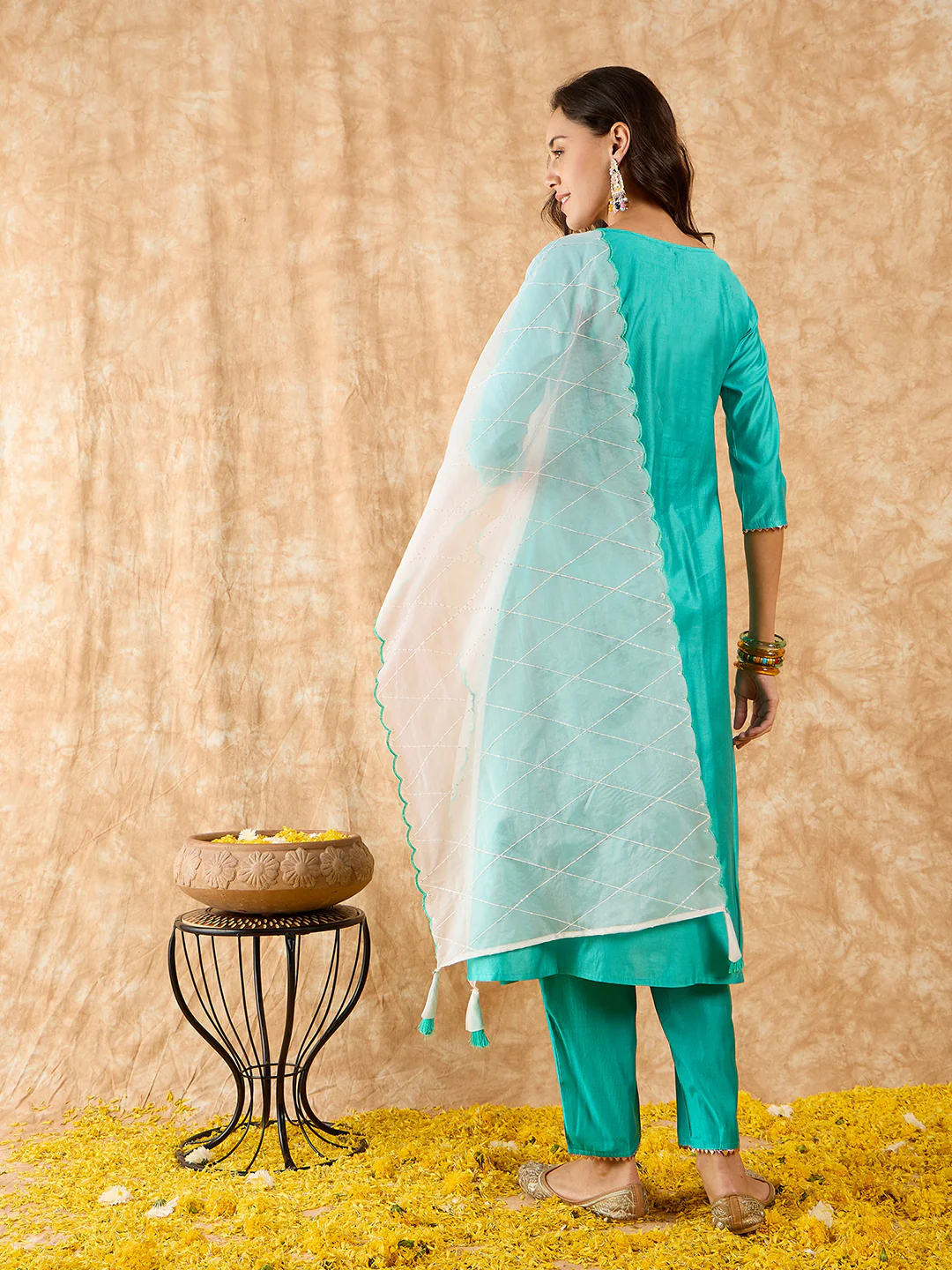 Indo Era Sea Green Embroidered A-line Kurta Trouser With Dupatta Set - Image 6