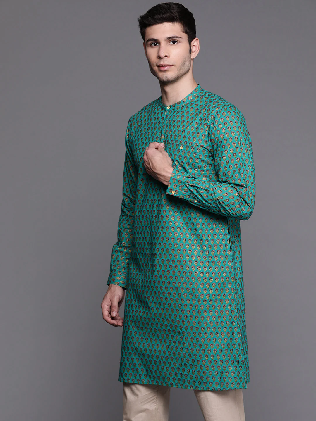 Indo Era Sea Green Ethnic Motifs Cotton Straight Kurtas - Image 3