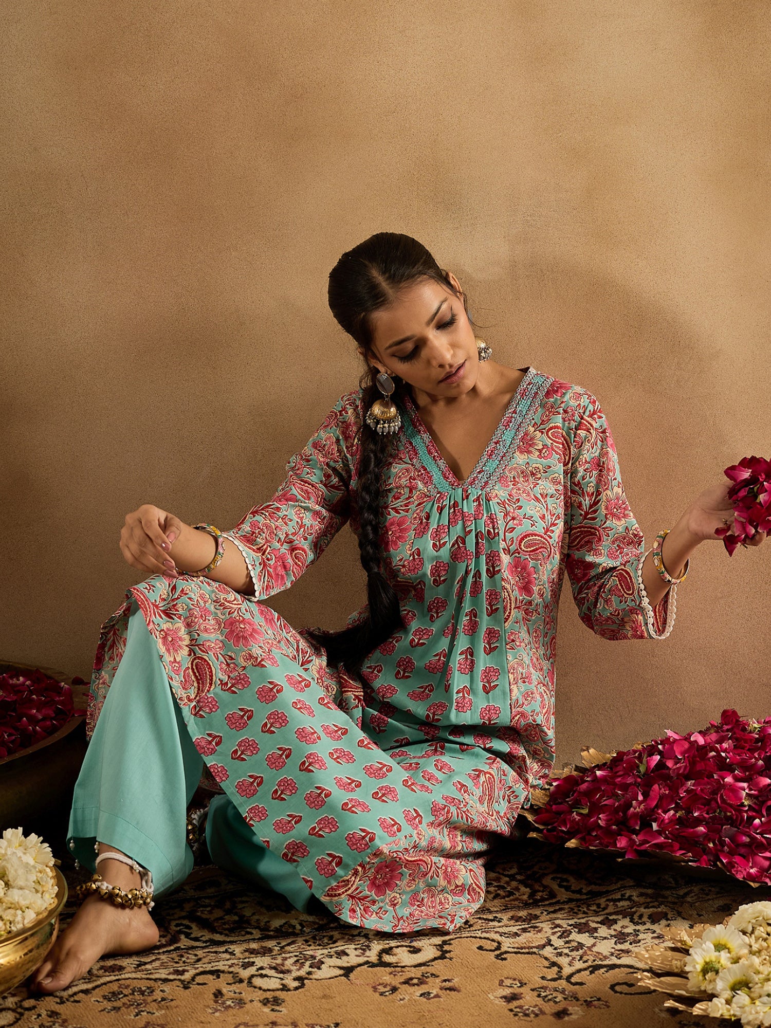 Indo Era Sea Green Printed A-Line Kurtas - Image 3