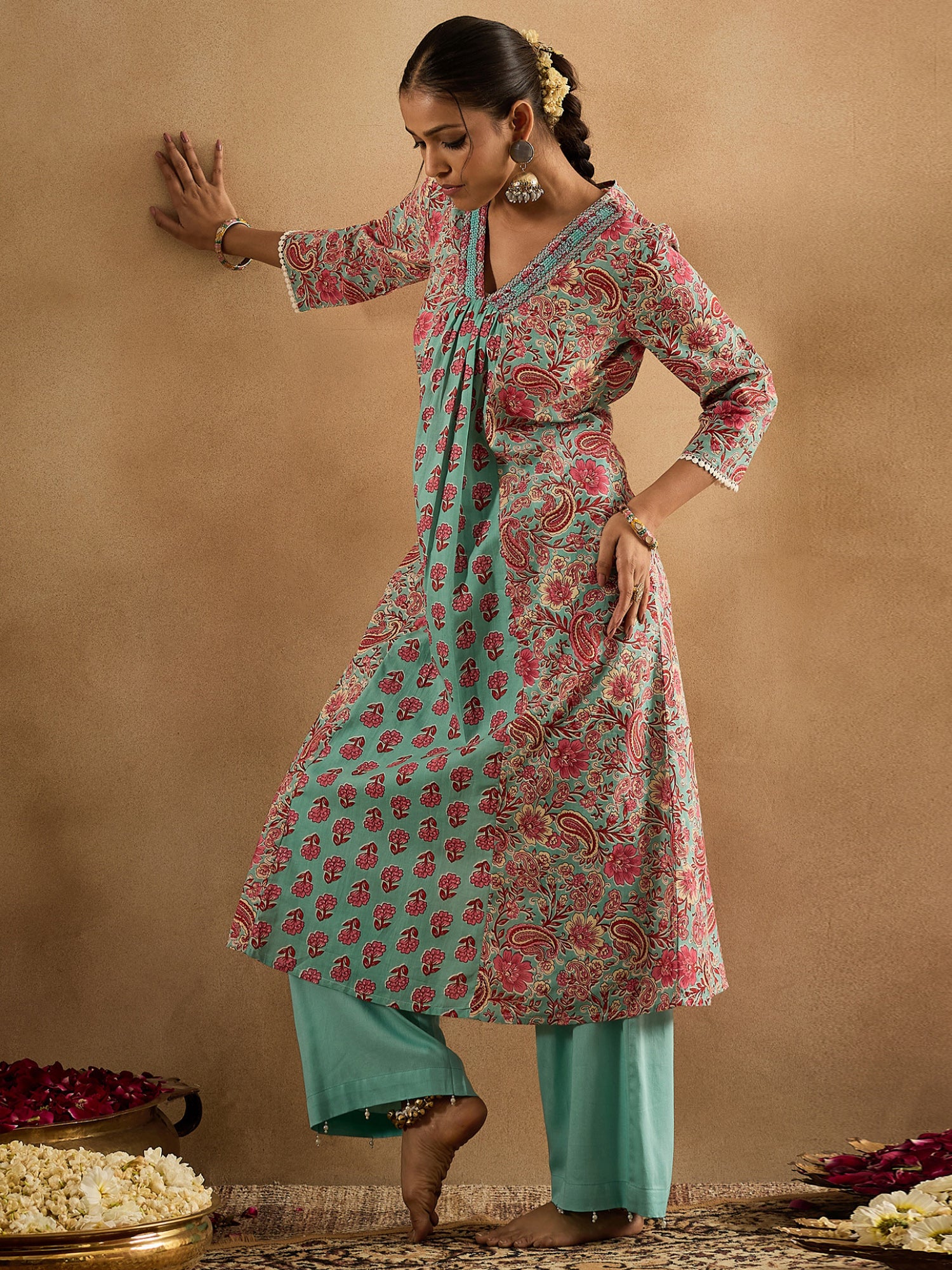 Indo Era Sea Green Printed A-Line Kurtas - Image 4