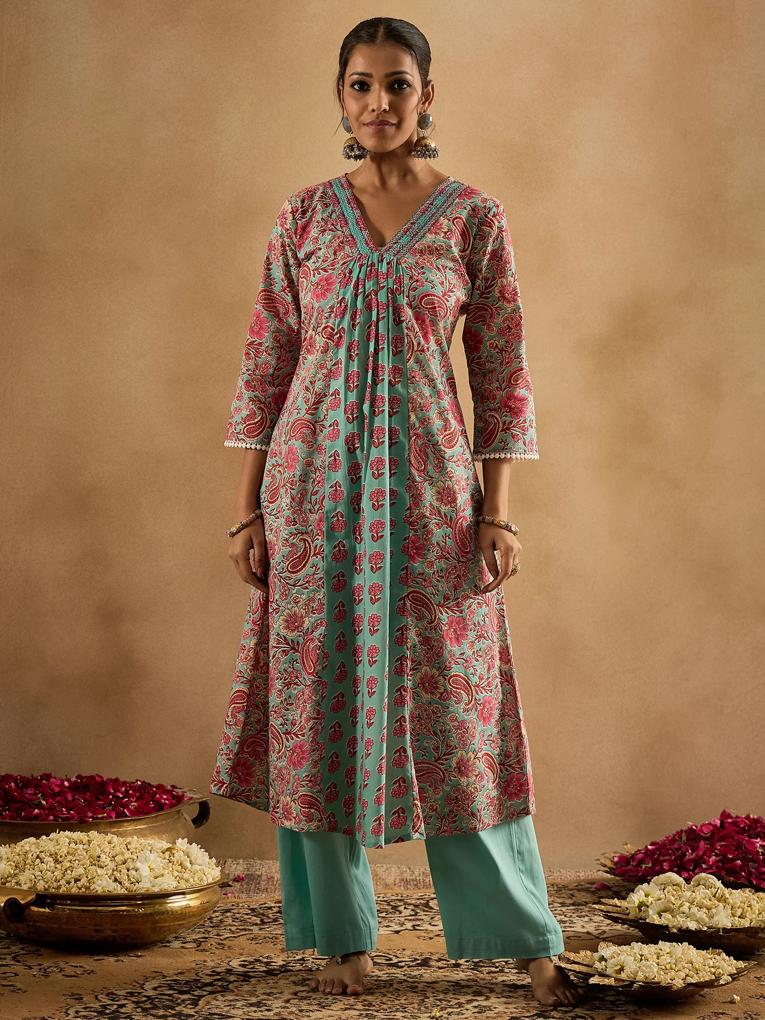 Indo Era Sea Green Printed A-Line Kurtas - Image 5
