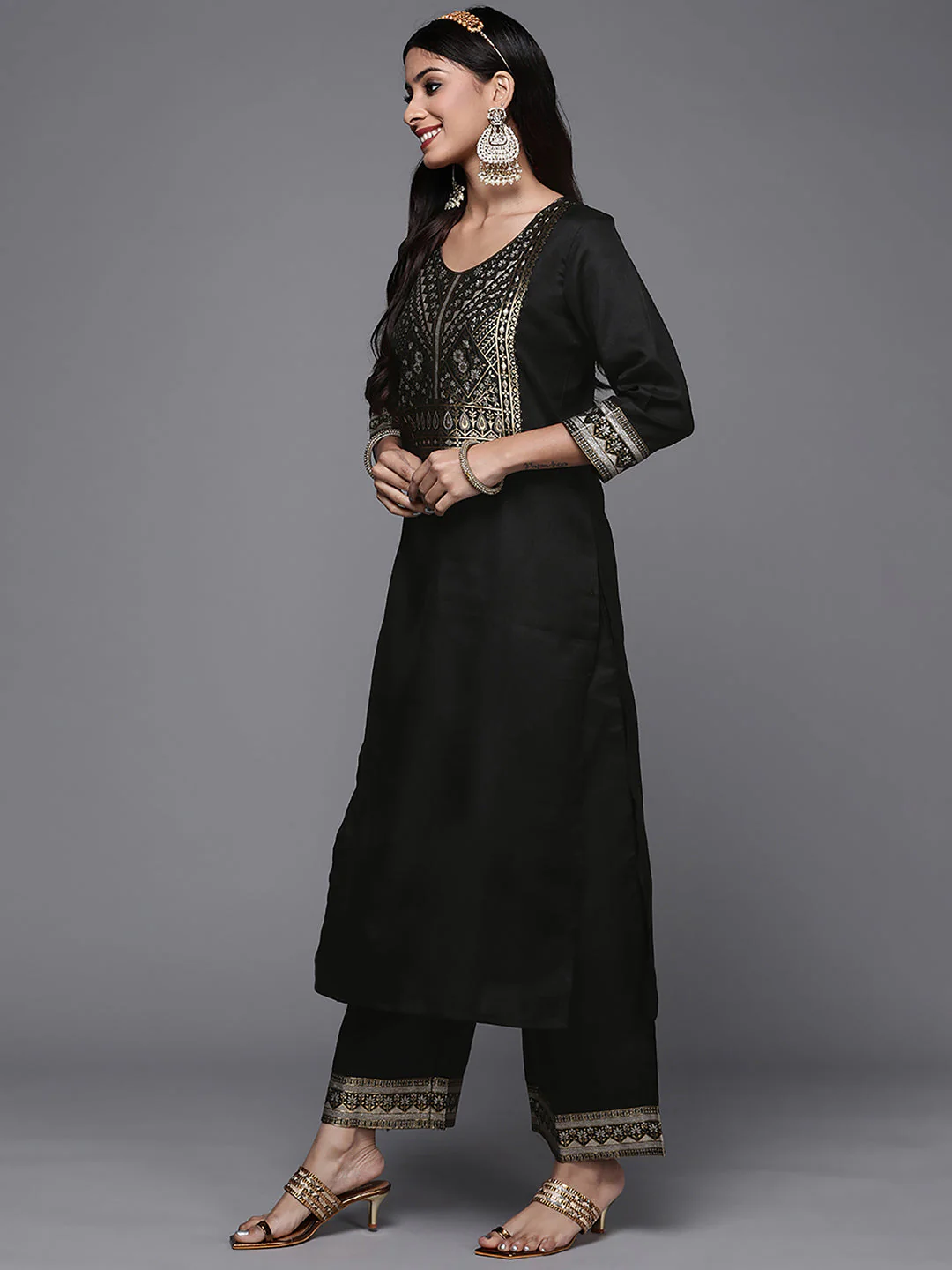 Indo Era Solid Black Straight Kurta Palazzo Sets - Image 3