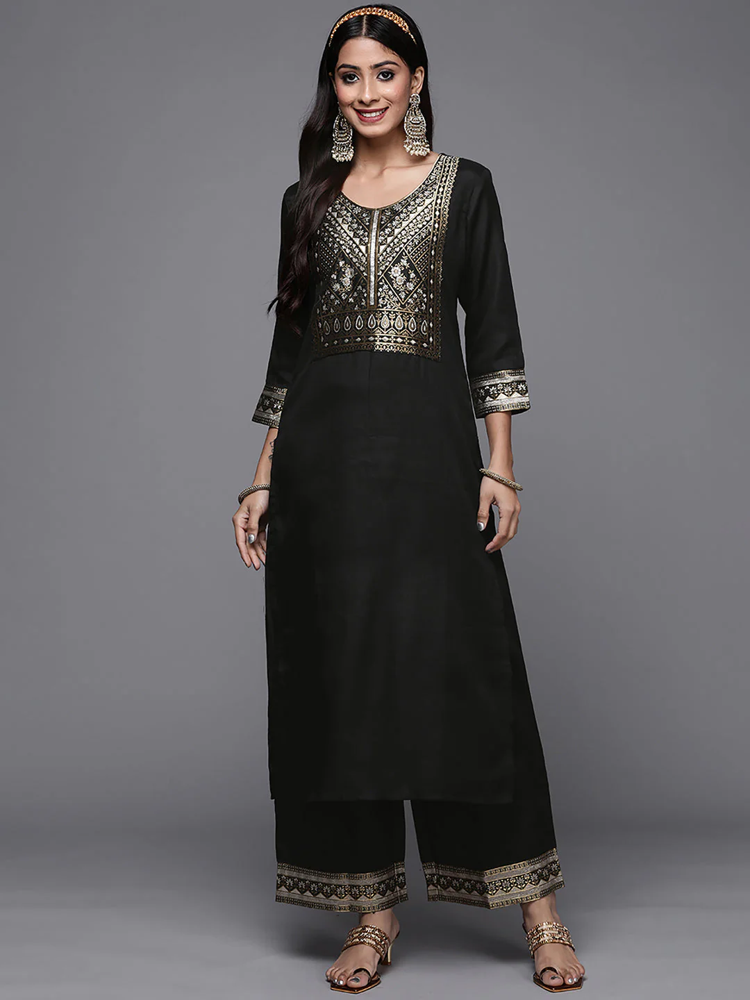 Indo Era Solid Black Straight Kurta Palazzo Sets - Image 4