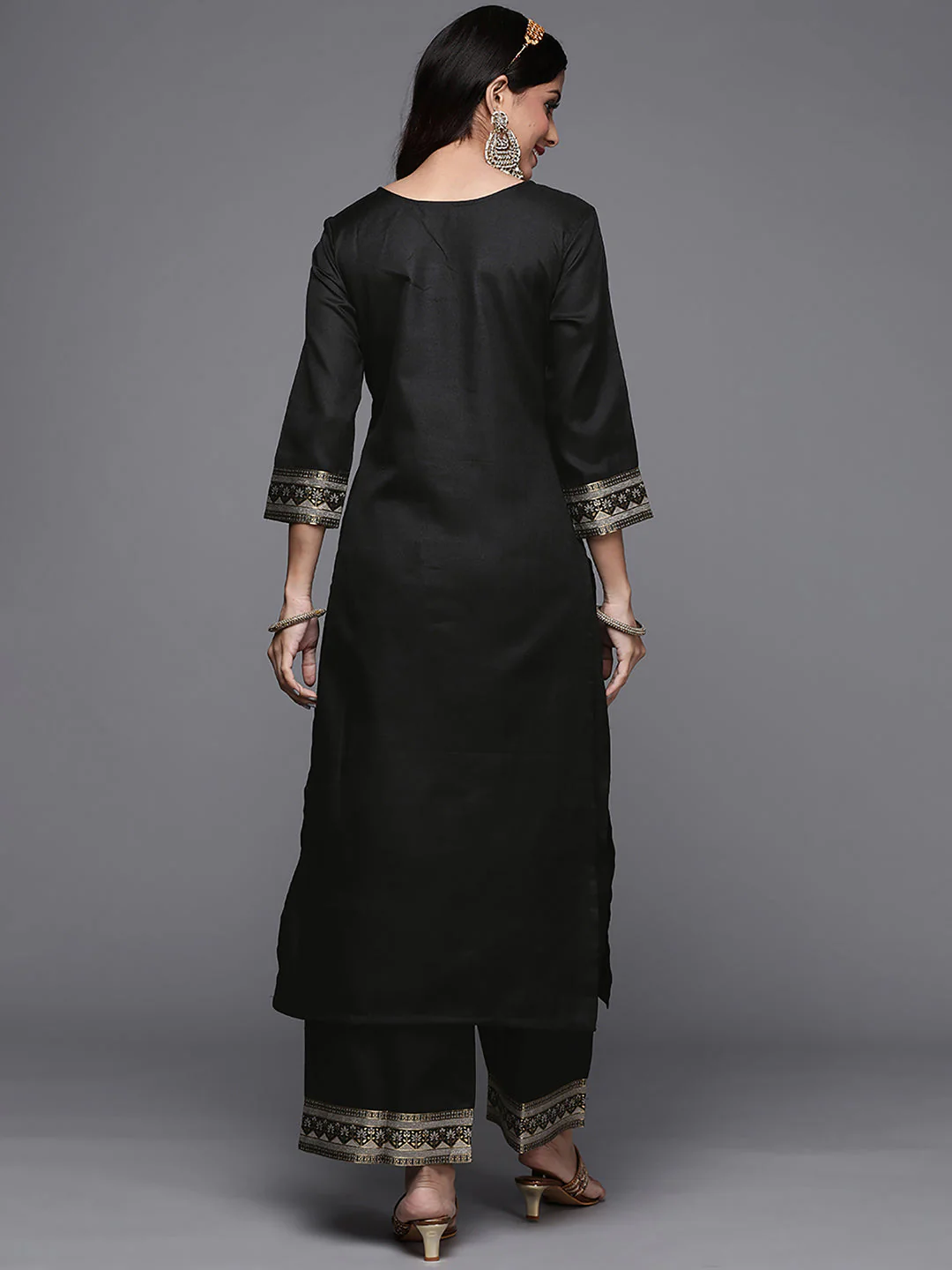 Indo Era Solid Black Straight Kurta Palazzo Sets - Image 5